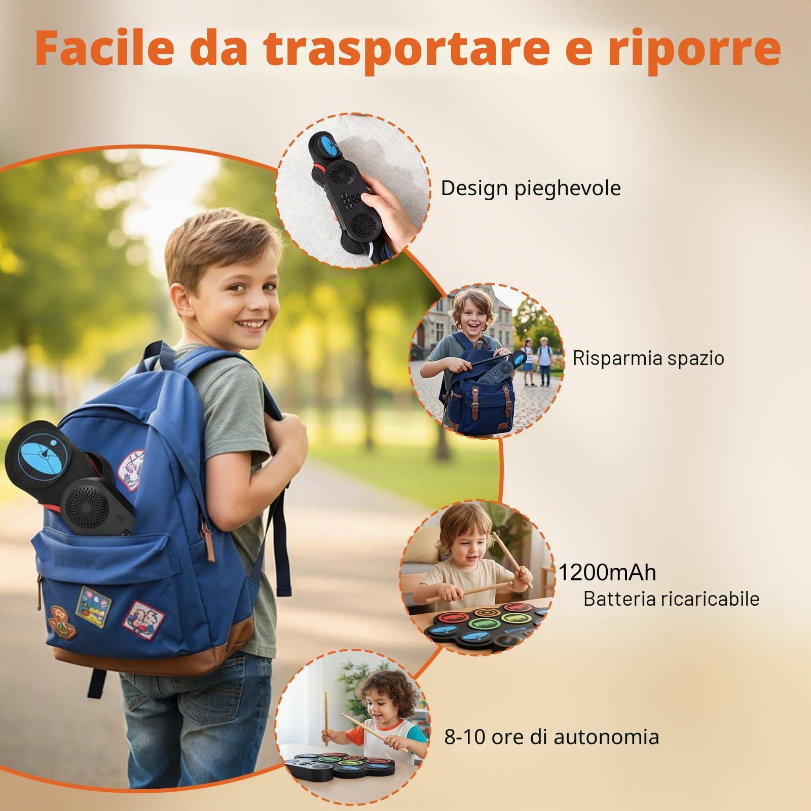 Kit di batteria elettronica Portatile con 9 Drum Pad,doppi altoparlanti stereo,Kit batteria arrotolabile con pedali e bacchette,supporto cuffie/Bluetooth/MIDI,Regalo per bambini principianti