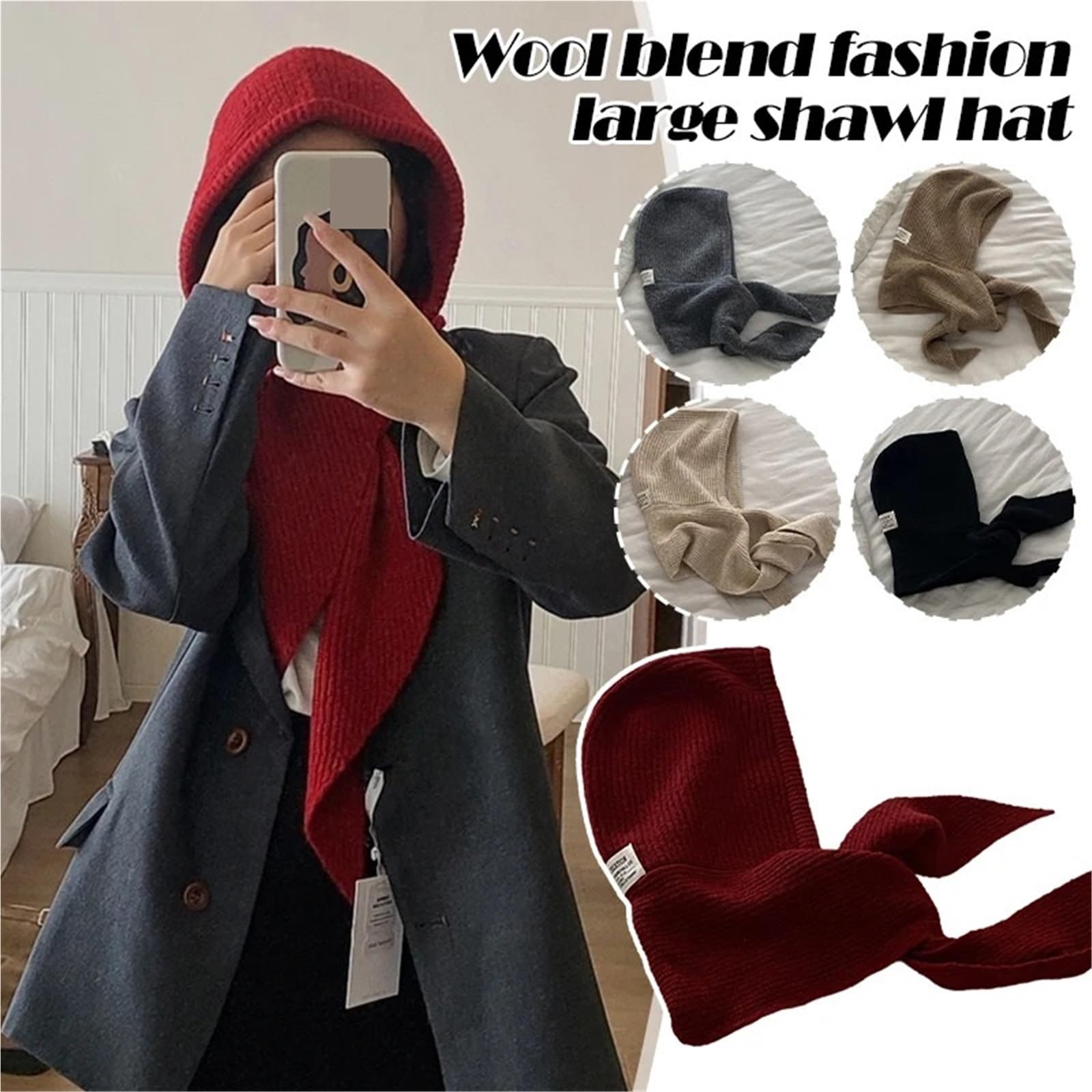 Gorro de Lana Invierno Tejido a Mano, con Cuello Falso, Estilo Chal, Capucha, Ideal for Actividades al Aire Libre. Abrigo una Pieza para Esquí Correr