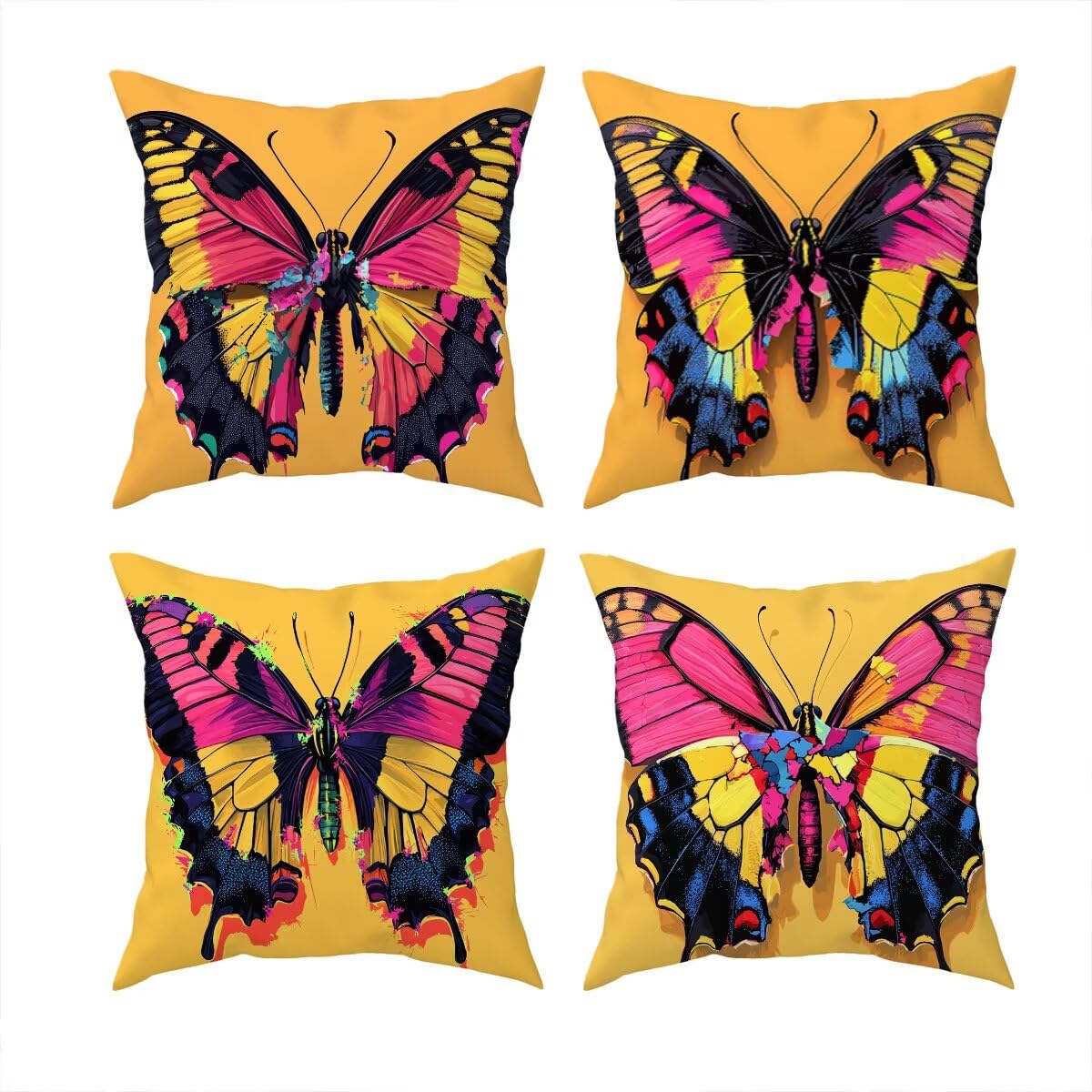 Federe Cuscino Divano 60x60, Giallo Cuscini per Divano da Esterno Set da 4, Lino Copricuscini Divanos Impermeabile, Copri Cuscini Farfalla Motivo Fronte Retro Stampato per Giardino, Sofá, Balcón, F-69