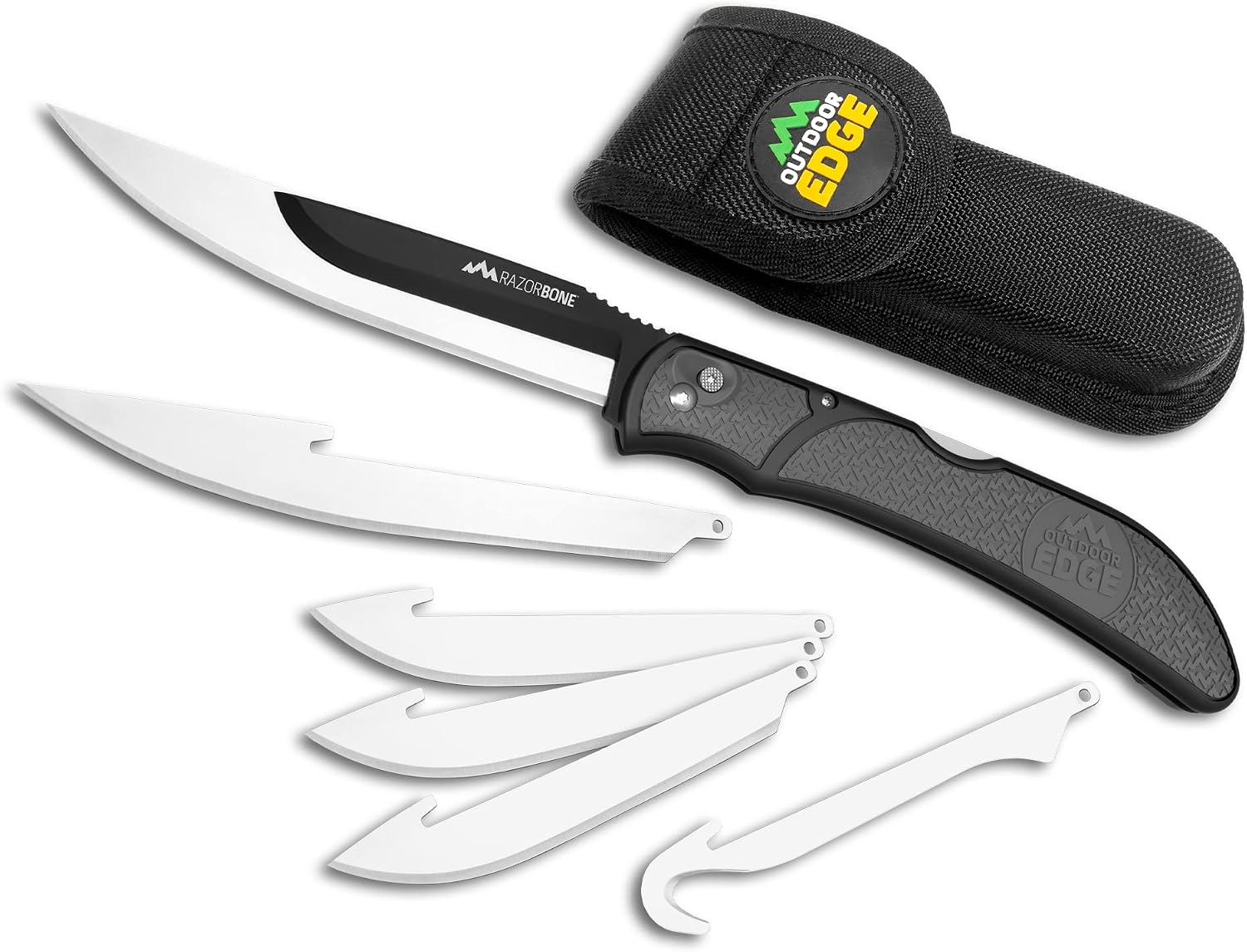 OUTDOOR EDGE RazorBone - Replaceable Blade Folding Hunting Knife with DP, Boning-Fillet, & Gutting Blades in a Nylon Sheath (Gray, 6 Blades)