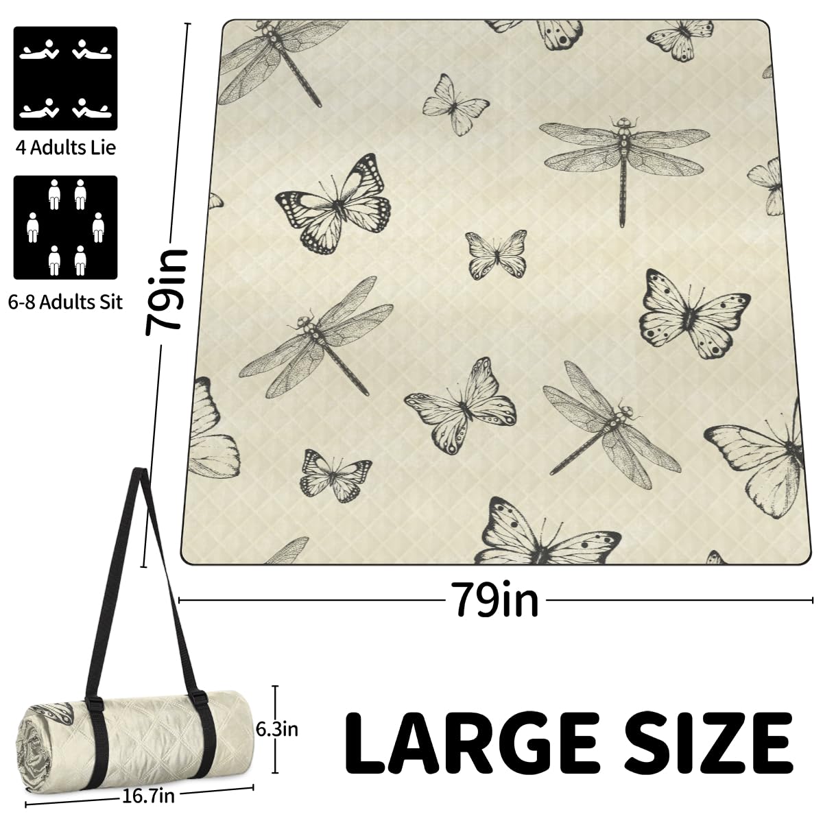 Shimoshe Extra Large Picnic Blankets 79”x 79”, Butterfly Dragonfly Waterproof Foldable Picnic Mat with Straps Portable Beach Blanket for Camping Park Grass Beach Indoor