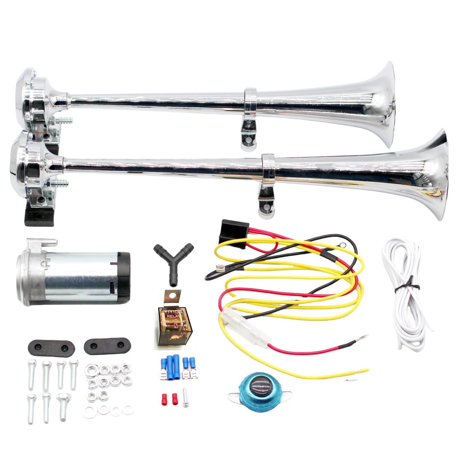 Lufthupe LKW Horn Autohupe Lautsprecher 12V Chrom Zink Elektrisches Horn Car Air Horn Trompete Silber High und Low Ton Doppelrohr mit Luftpumpe Car Horn für 12V Auto LKW Moto Yacht etc