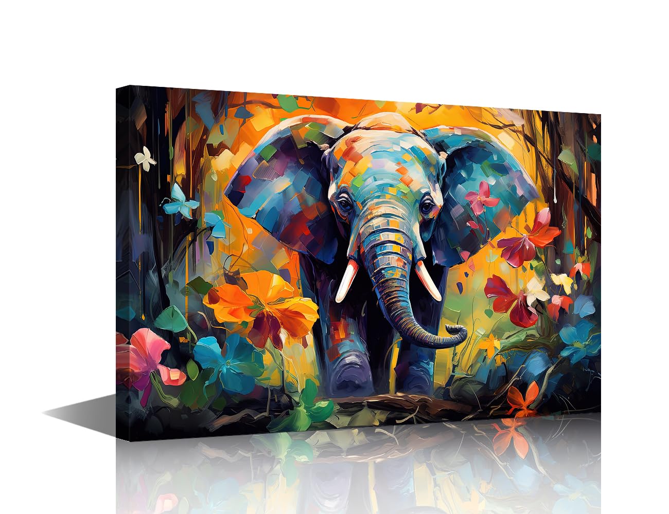 TISHIRON Living Room Wall Decor Elephant Oil Painting Canvas Wall Art Idea for Children Room Wall Decor Poster Wood Framed Prints for Farmhouse Home Decor 16x24 in