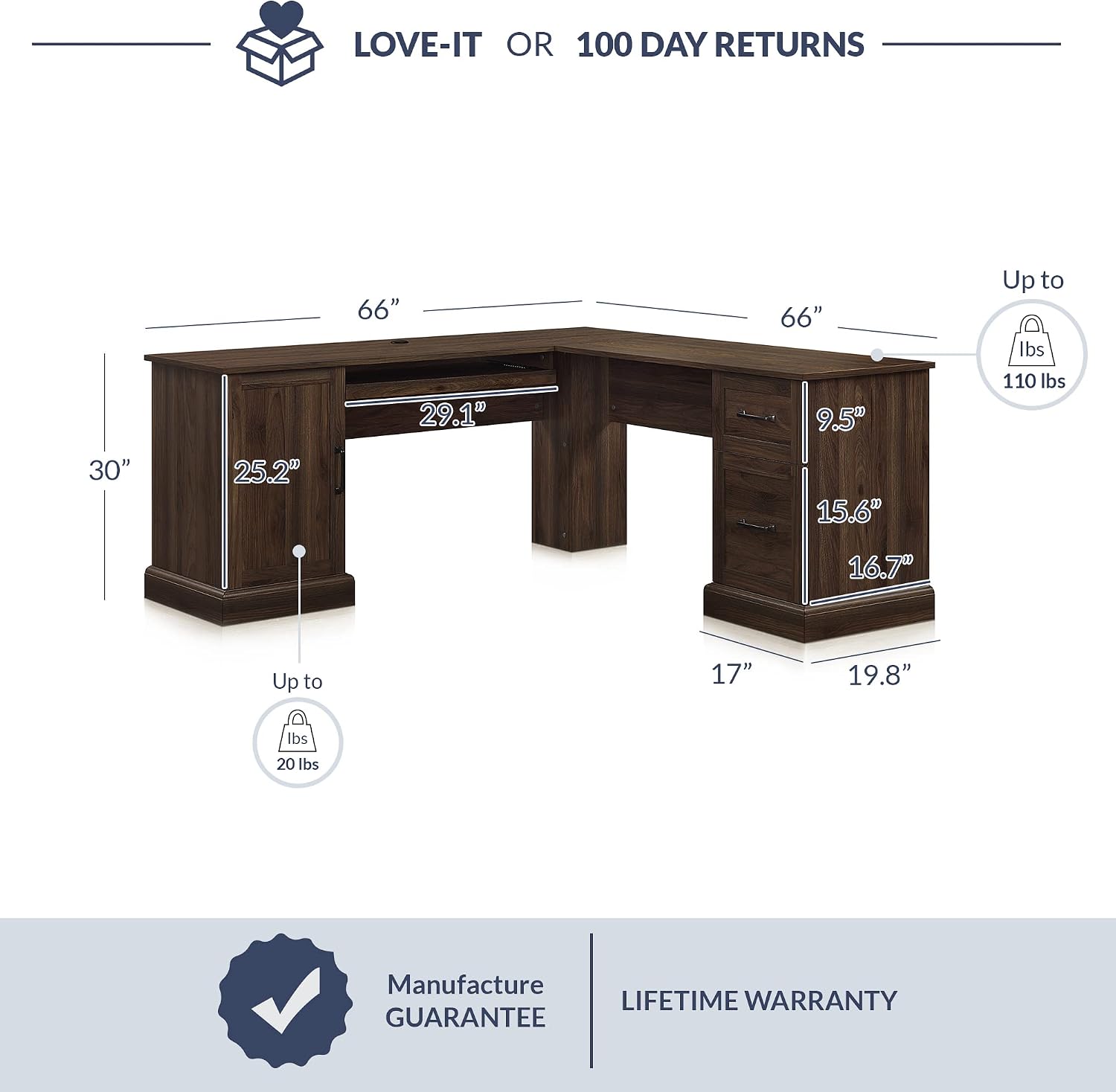 BELLEZE Modern Corner L-Shaped Home Office Computer Laptop Desk or Writing Study Workstation with Keyboard Tray, Two Drawers and Cabinet - Barlow (Dark Walnut)