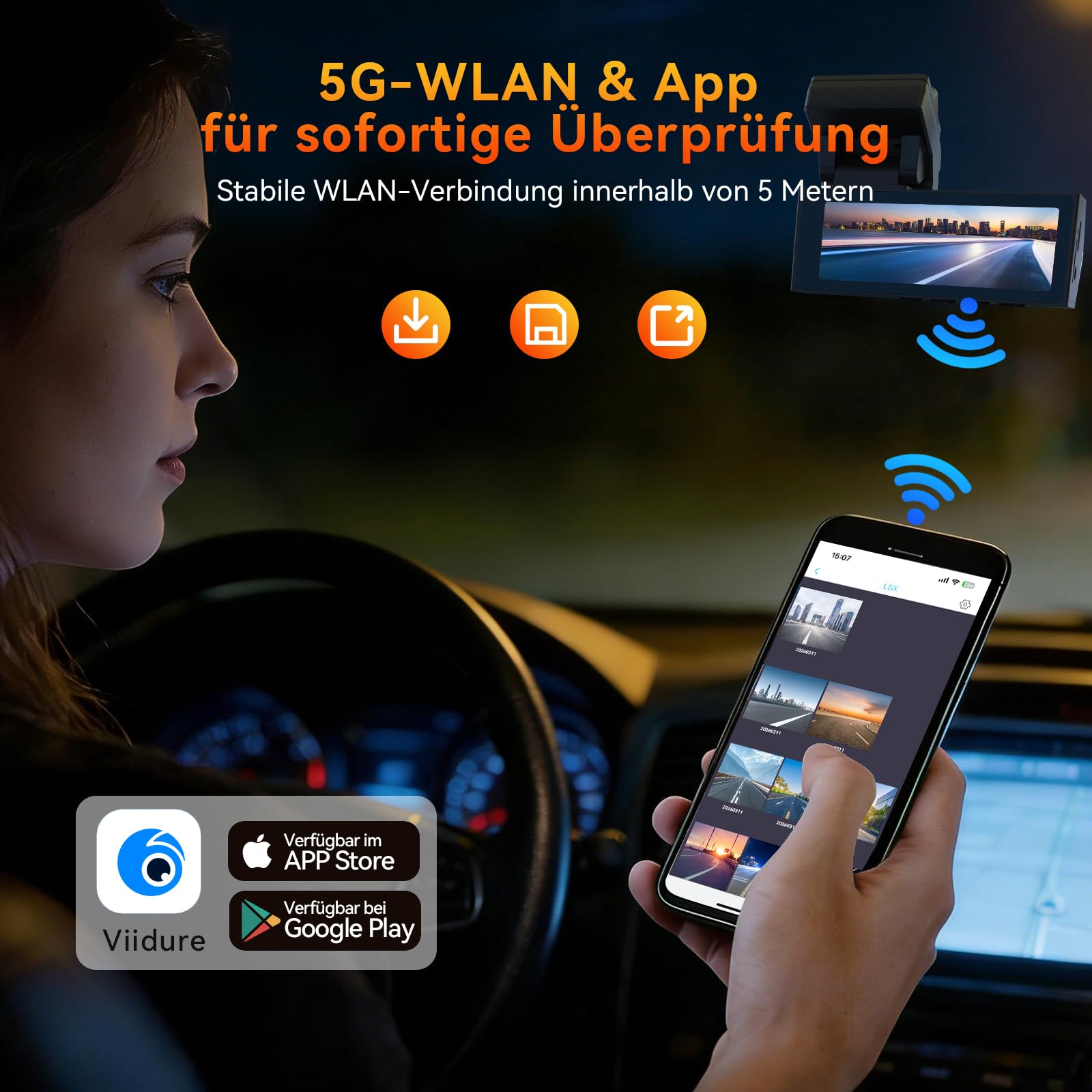 Dashcam Auto Vorne Hinten 4K+2K mit 64GB Speicherkarte, WLAN Dashcam mit Rückfahrkamera, 24H Parküberwachung, WDR Nachtsicht, 170° Weitwinkel, 3,2" Display, G-Sensor, Loop-Aufnahme