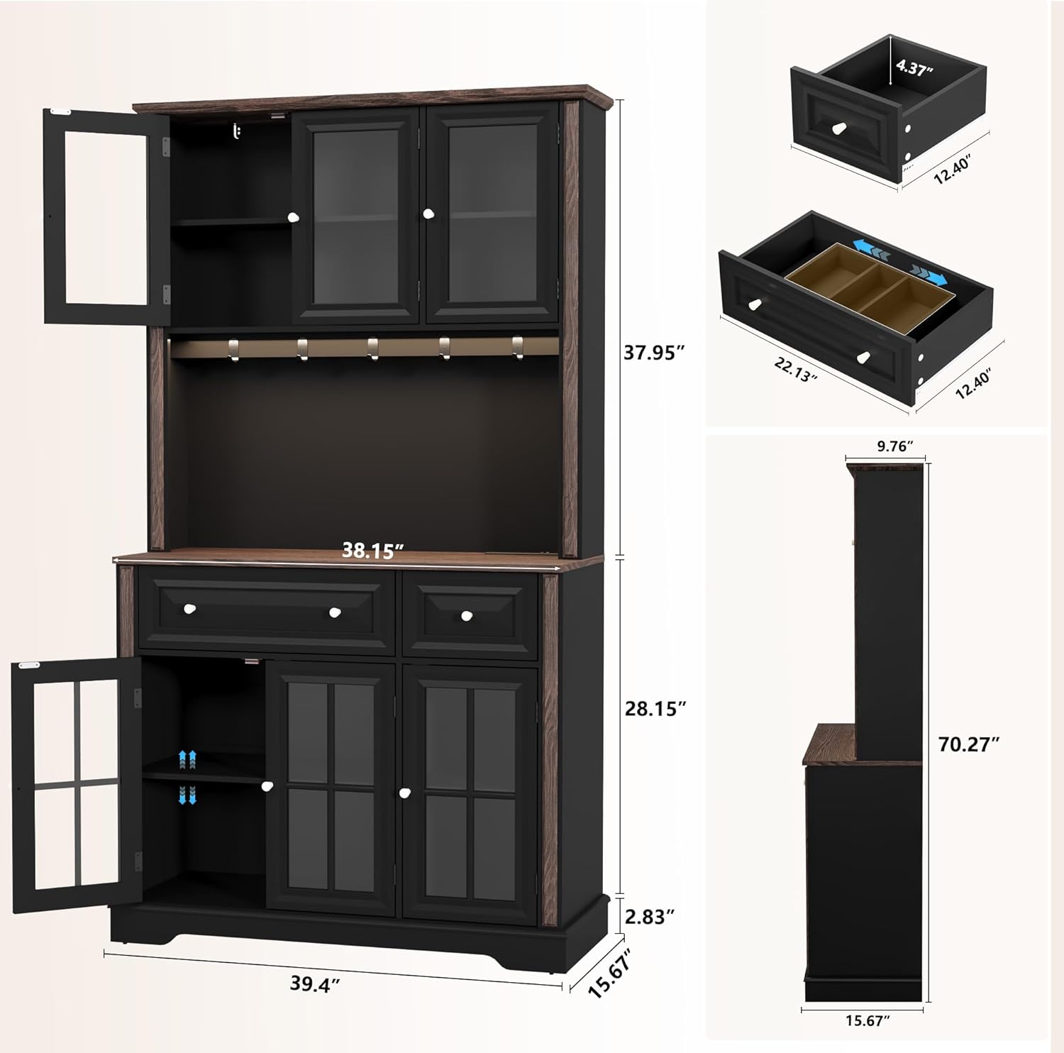 70" Kitchen Pantry Cabinet with Power Outlet| LED Lights, 38" W Kitchen Hutch Storage Cabinet with Countertop, Tall Kitchens Hutch Cabinets for Home Dining Living Room, Black