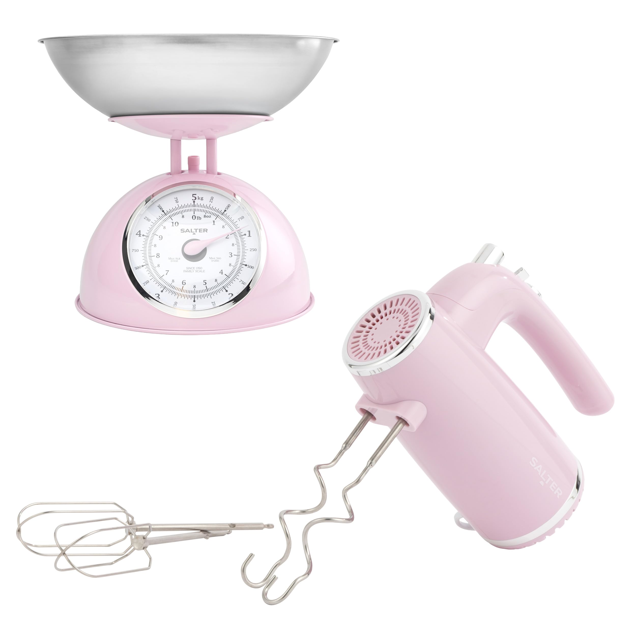 Salter Retro Pink Hand Mixer & Mechanical Scale Set – 400W Electric Whisk with 5 Speeds, XL Chrome Beaters & Dough Hook Accessories, 5kg Analogue Kitchen Scale with 2L Bowl & Easy-Read Rotating Dial