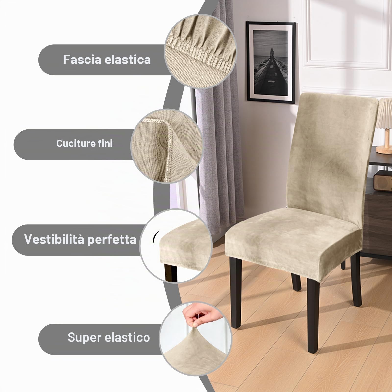 Alishomtll Set di 4/6 coprisedia in velluto elasticizzato, per cucina, ristorante, hotel, banchetti, matrimoni (champagne, 6 pezzi)