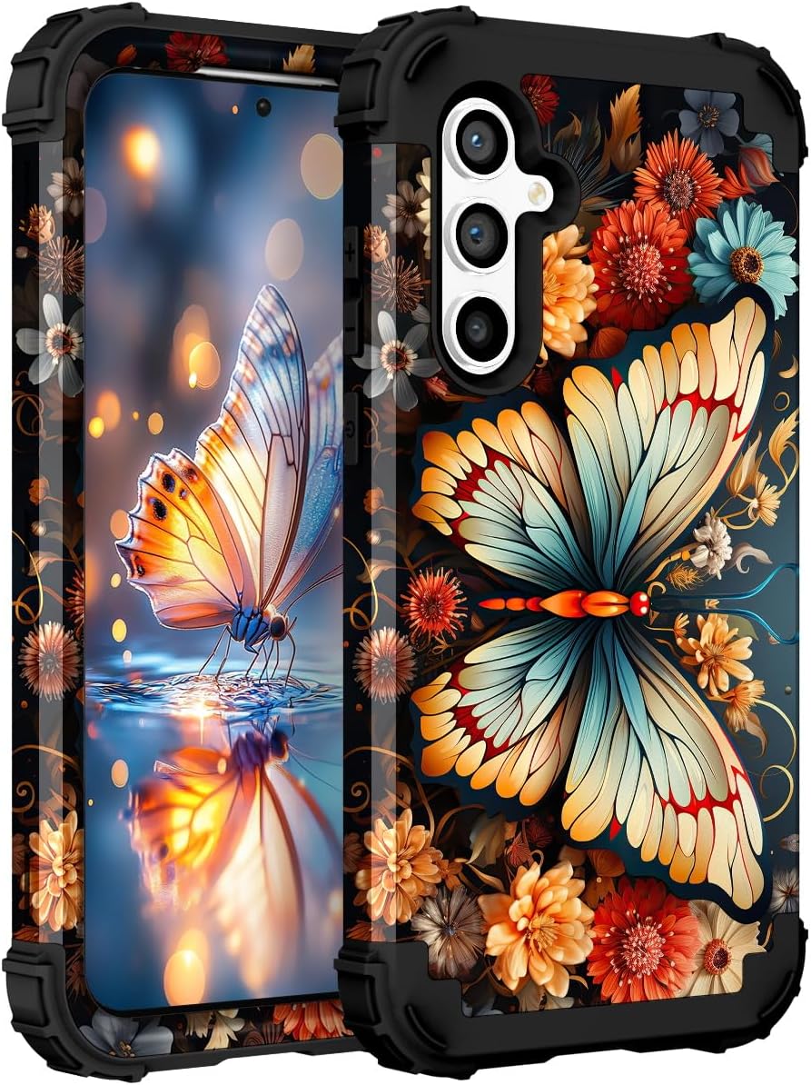 Hocase for Galaxy S24 FE Case, Heavy Duty Shockproof Protection Soft Silicone Rubber+Hard Plastic Bumper Hybrid Protective Case for Samsung Galaxy S24 FE (6.7") 2024 - Butterfly on Flowers For Samsung Galaxy S24 FE 6.7" 2024 Butterfly on Flowers