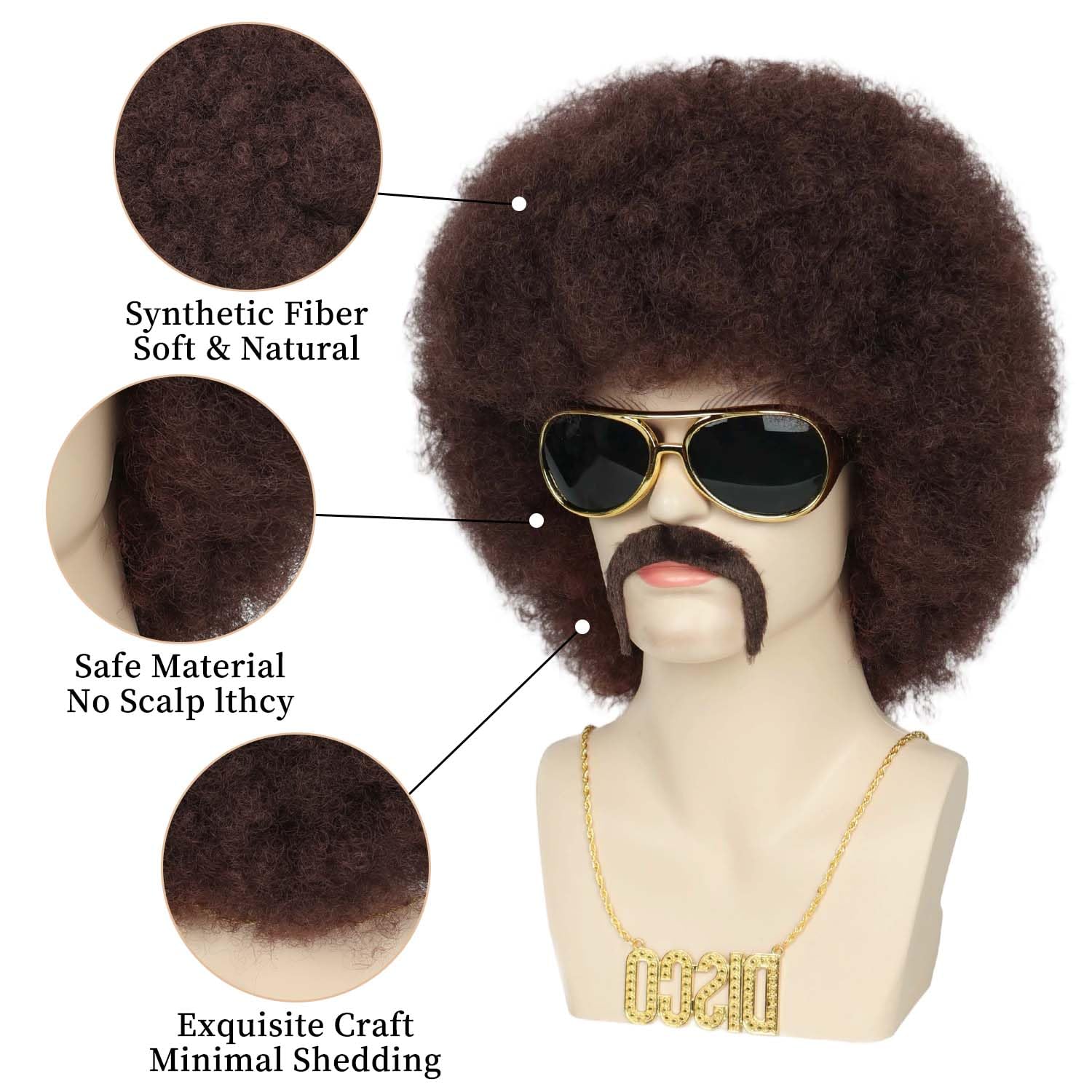 Gx Beauty Afro Wig Set, Lightweight Disco Rocker Party, Red Browm Curly Costume,70’S Hipper Synthetic Hair Wig,with Glasses, Necklace, Mustache for Halloween Party Funny Cosplay image 4