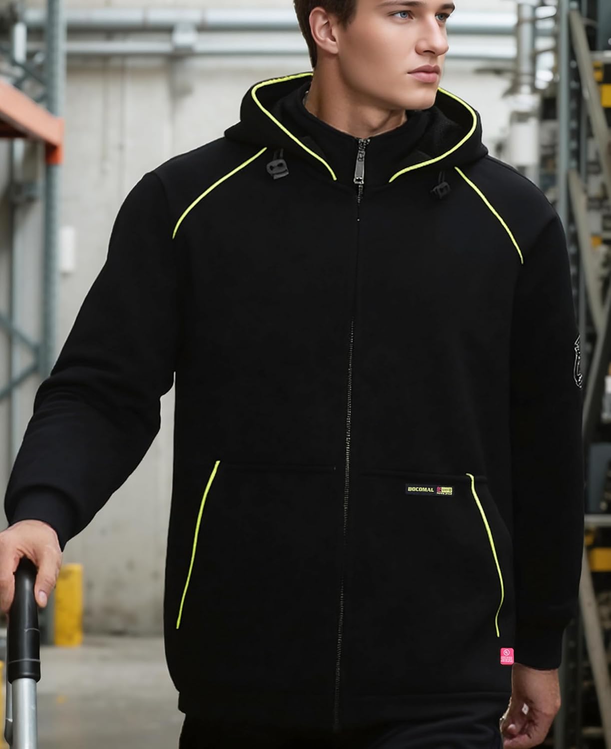 BOCOMAL FR Hoodies 12oz Heavyweight Cotton Fleece Zipper Front Flame Resistant Contrast Stripes Hooded Sweatshirts - Image 3