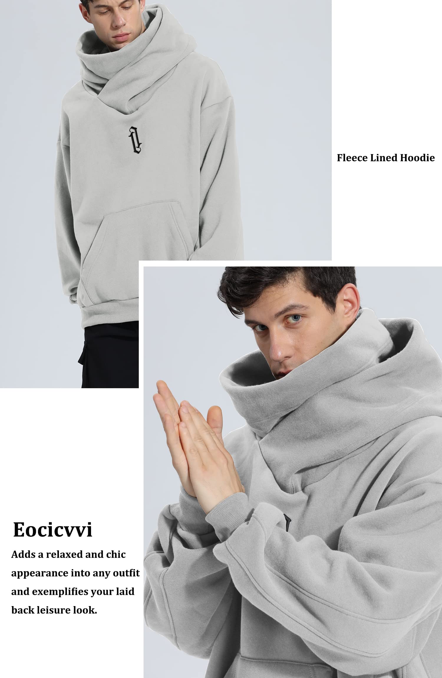 Eocicvvi Felpa Uomo con Cappuccio Collo Alto Pullover Hip Hop Stile Comoda Felpe Pile Hoodies Autunno Invernale Moda