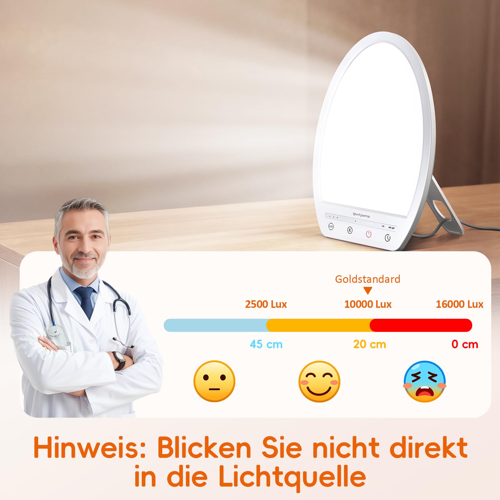 Comfytemp Tageslichtlampe Schreibtisch 16.000 Lux Sonnenlicht Lampe,UV-Frei Lichttherapie 19x24cm Simulation von Tageslicht für Verbessert Schlaf Stimmung Konzentration mit Speicherfunktion
