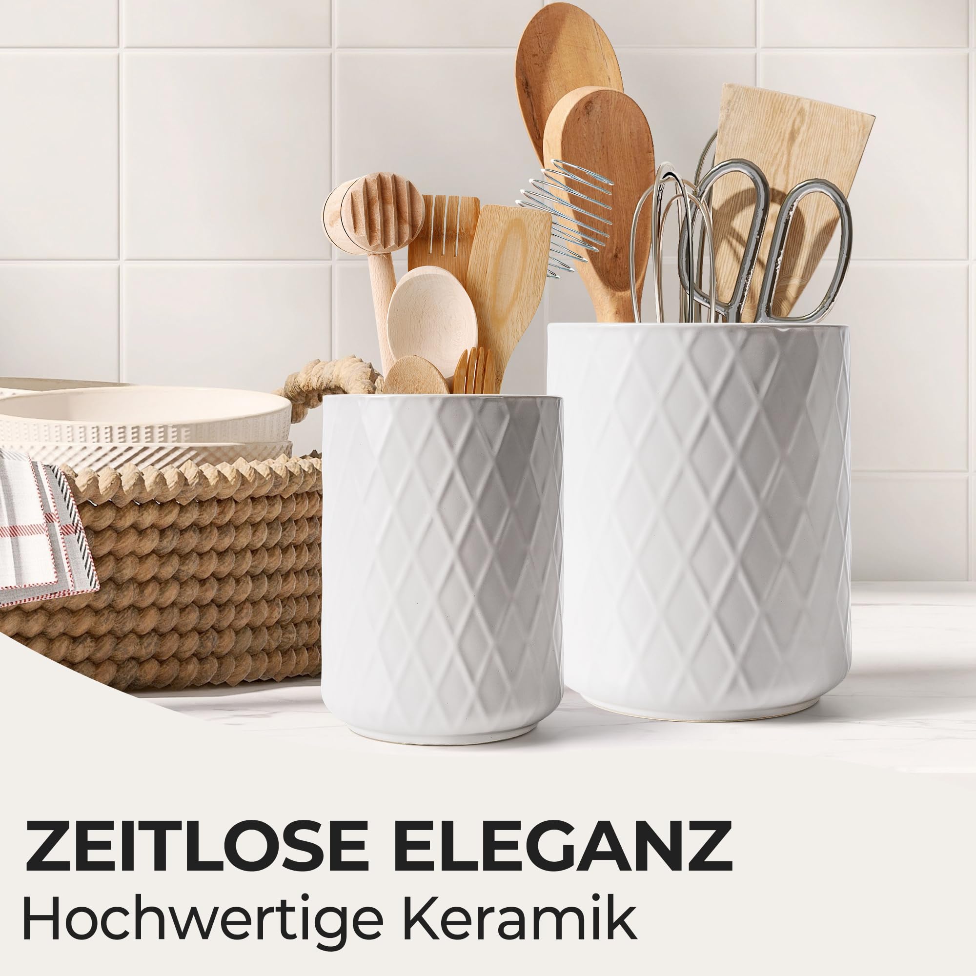 MIAMIO – Küchenutensilienhalter Keramik/Küchen Organizer Set für die Aufbewahrung von Besteck, Kochlöffel und Zubehör - Palmanova Kollektion (Weiß)