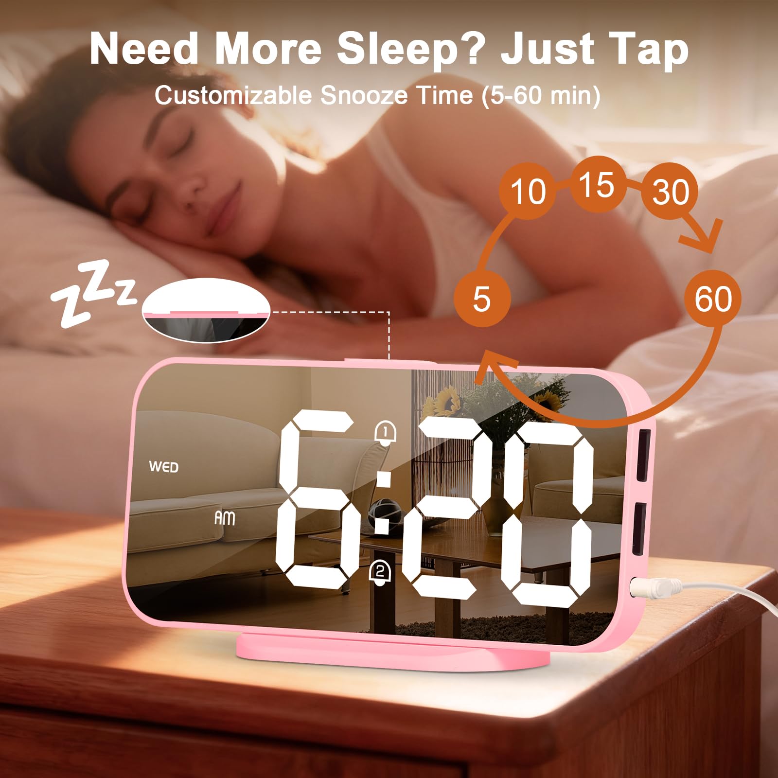 ALANAS Reloj despertador digital, alarmas duales con repetición, ajuste de brillo, 2 puertos de carga USB para teléfono celular, 12/24 horas, reloj despertador enchufable con batería de respaldo