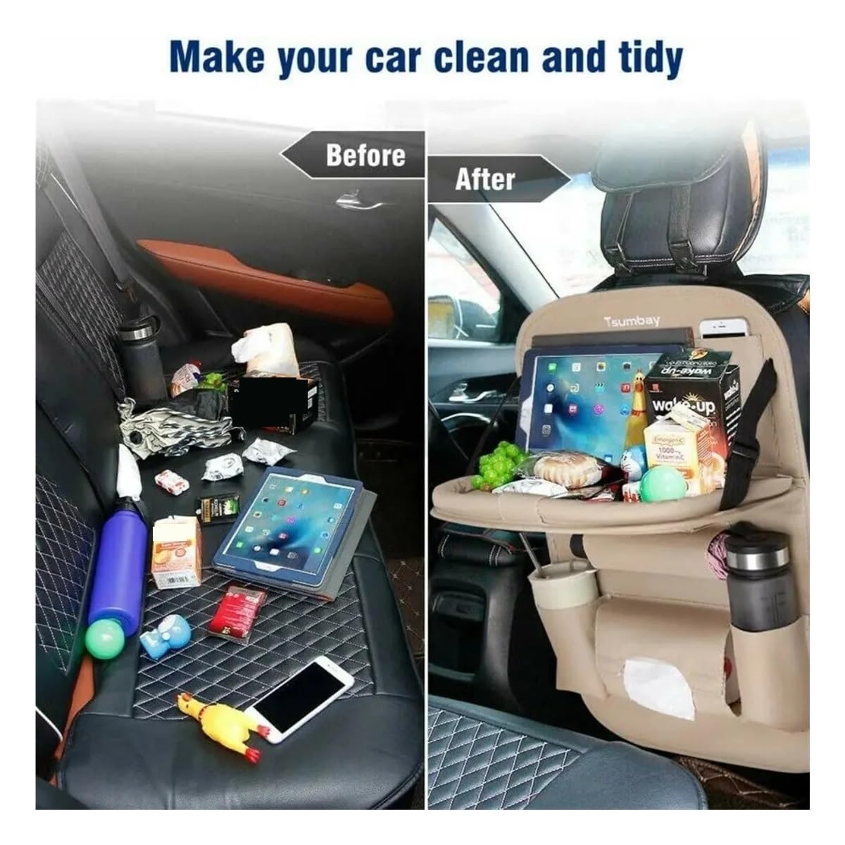 Bigbibi Organizer for Auto Multitasche Impermeabile con Vassoio Pieghevole(Beige with Pallet)