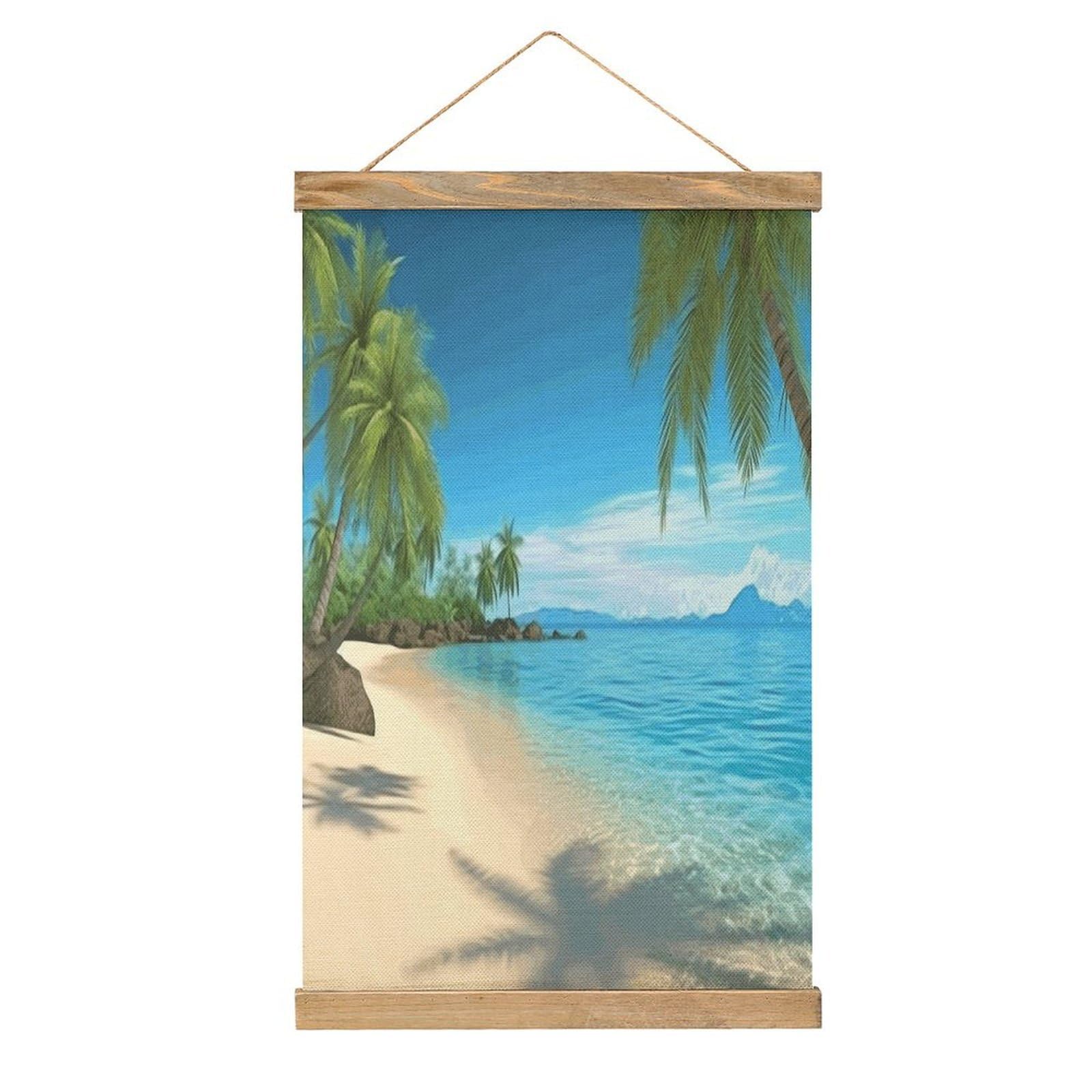 VstaDank Hawaiian Beach with Palm Trees Poster with Wooden Frame Hanger Art Painting Wall Decor Poster Wall Hanging Wooden Frame 13x20 Wood Poster Hanger for Photo Picture Art Canvas Print Artwork