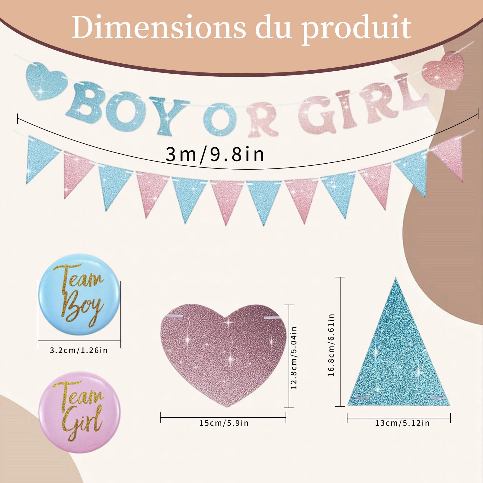 Guirlande Gender Reveal 3 m avec Fanions Cœurs 30 Badges Team Boy Girl Décor Rose Bleu Brillant Baby Shower