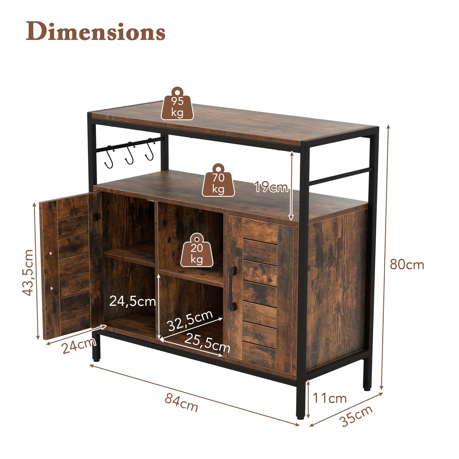 KOMFOTTEU Credenza Cucina Industriale, Mobile Buffet Legno Metallo 2 Ante | Armadietto Dispensa con Scaffali Regolabili, Armadio per Corridoio, Sala da Pranzo, Soggiorno, 84x35x80 cm