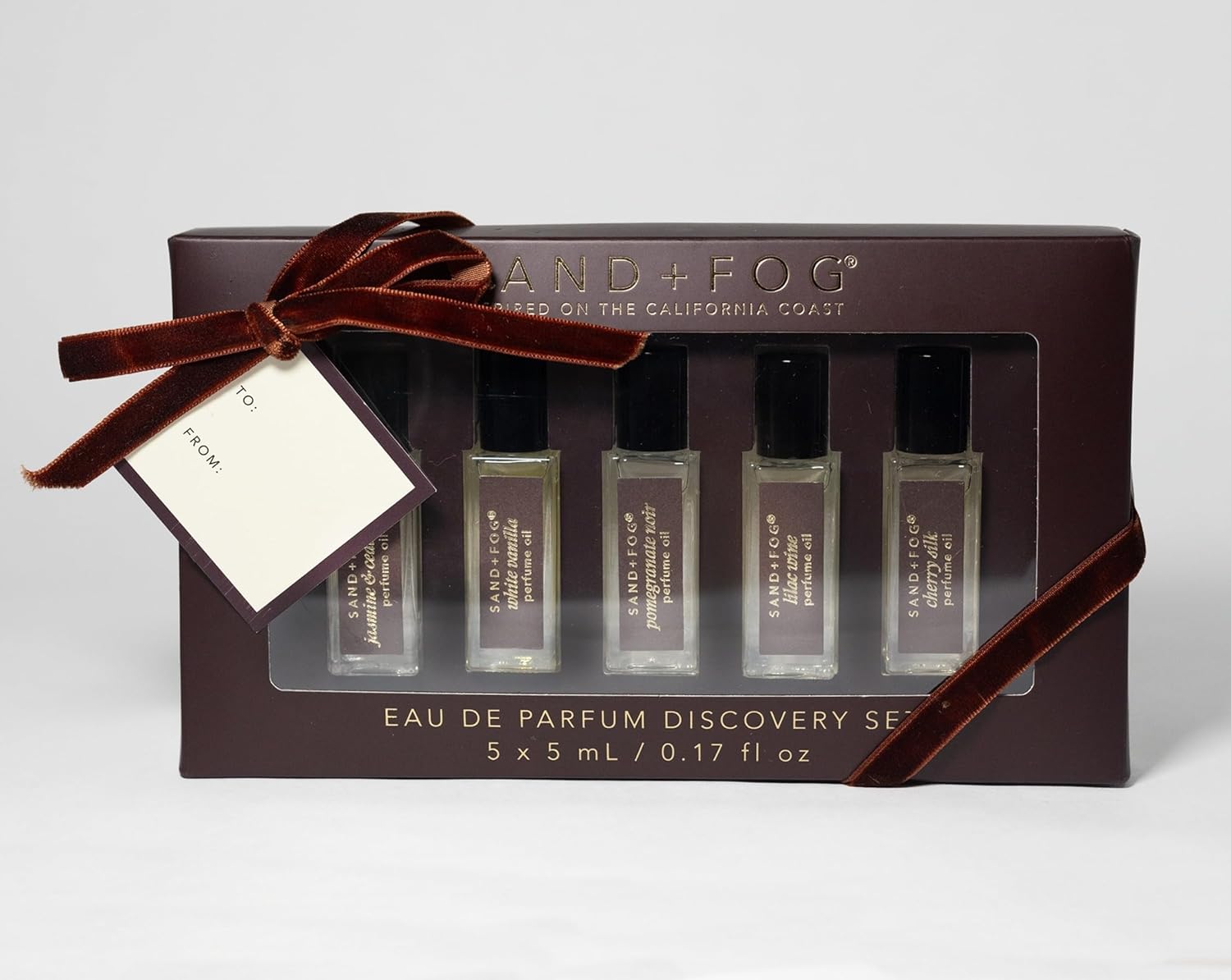 Sand + Fog Eau de Parfum Discovery Set, 5 Fragrances, 5 x 5ml/0.17 fl oz, Jasmine & Cedarwood, White Vanilla, Lilac Wine, Pomegranate Noir, Cherry Silk