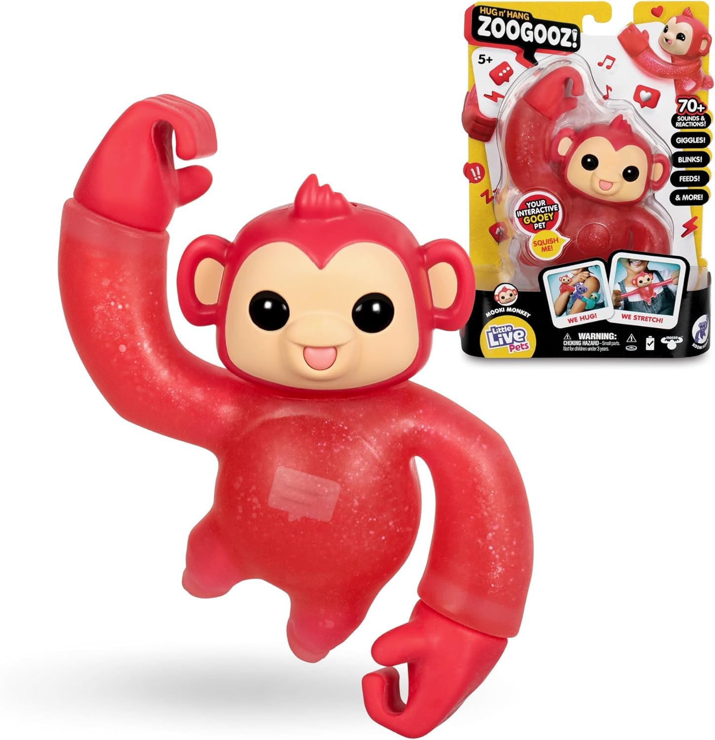 Little Live Pets Hug n' Hang Zoogooz Mooki Monkey, Soft and Elastic Pet, +70 Sounds and Reactions, 3 Different to Collect, Hidden Amulet, for Children from 2 Years +, Famosa