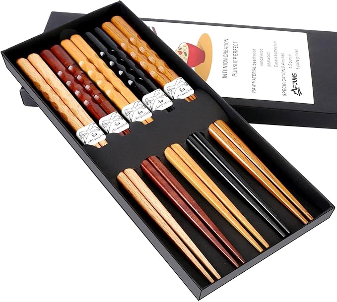 5-Pairs Reusable Set of Chopsticks, Natural Wood Chopstick and Minimalism Japanese Chopsticks Non-slip Design 8.8 Inch/22.5cm Gift Set