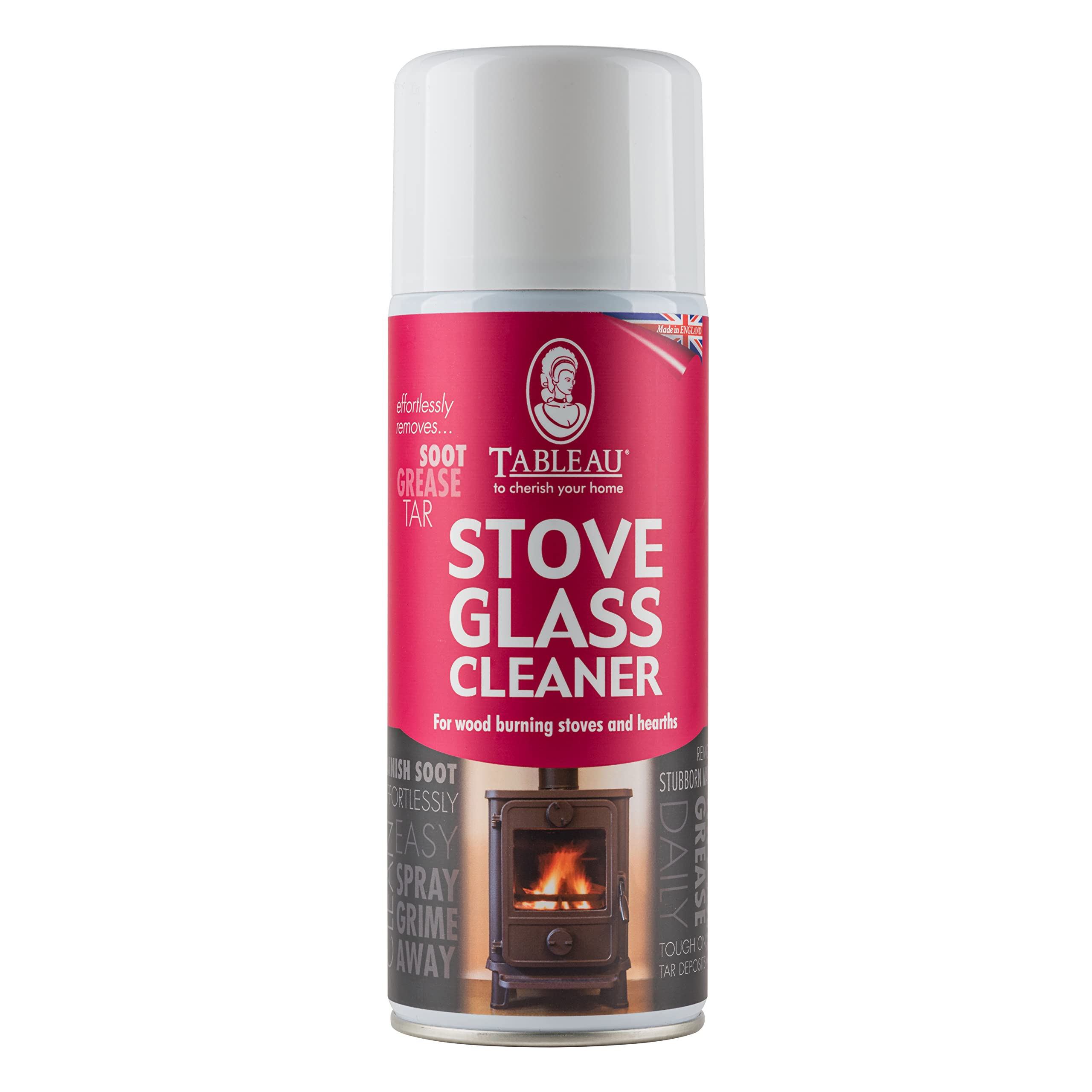 Tableau Stove Glass Cleaner Aerosol 400ml. Easy Removal Of Soot, Grease, Tar Deposits From Glass Panes. Removes Residue Effectively. Suitable for Fireplaces & Hearths. Both Door Glass & Metal Surfaces