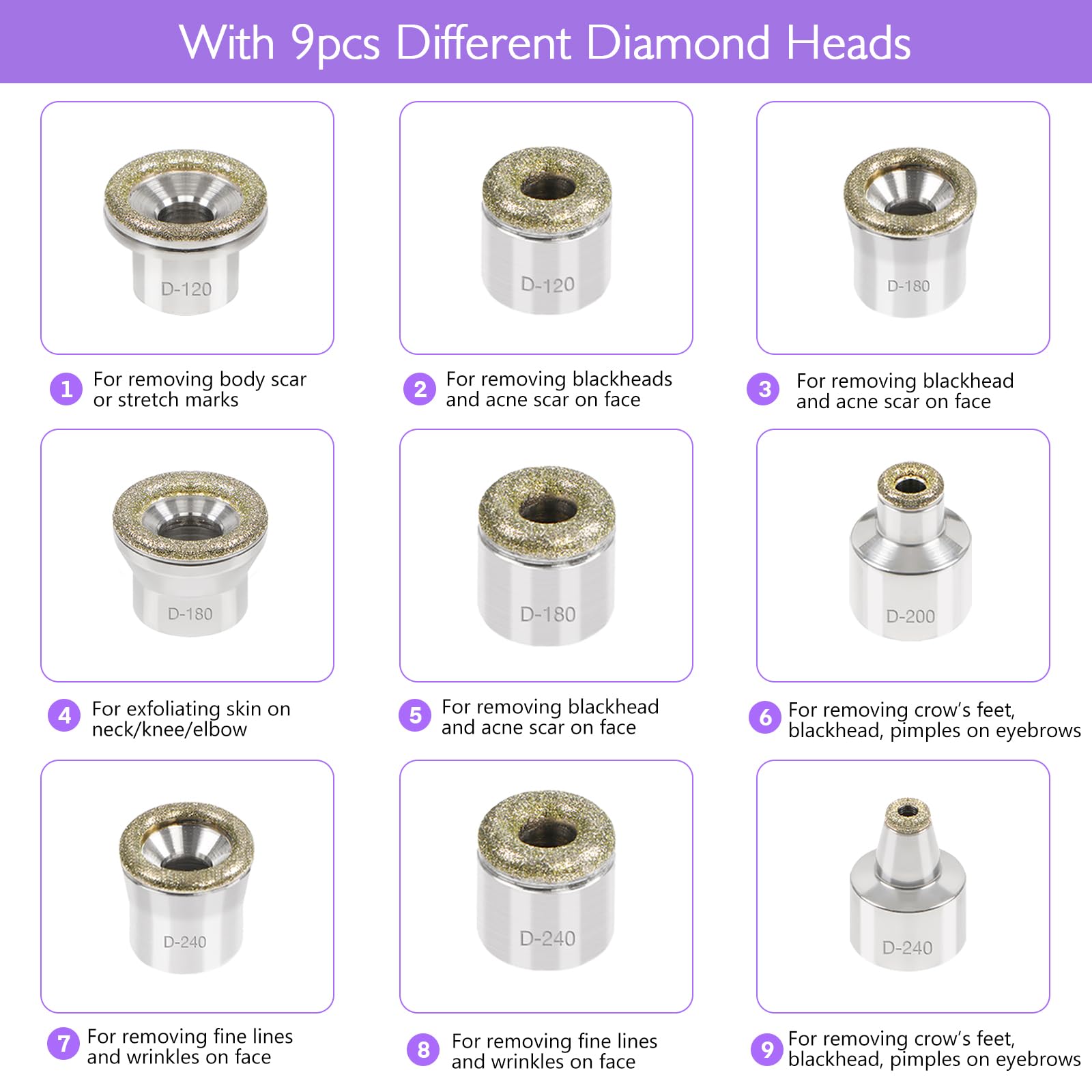 2 in 1 Microdermoabrasione, Aspiratore Punti Neri con 9 Teste di Diamante | Dispositivo professionale Microdermoabrasione, dispositivo per per Pulizia Viso, 65-68 cmHg