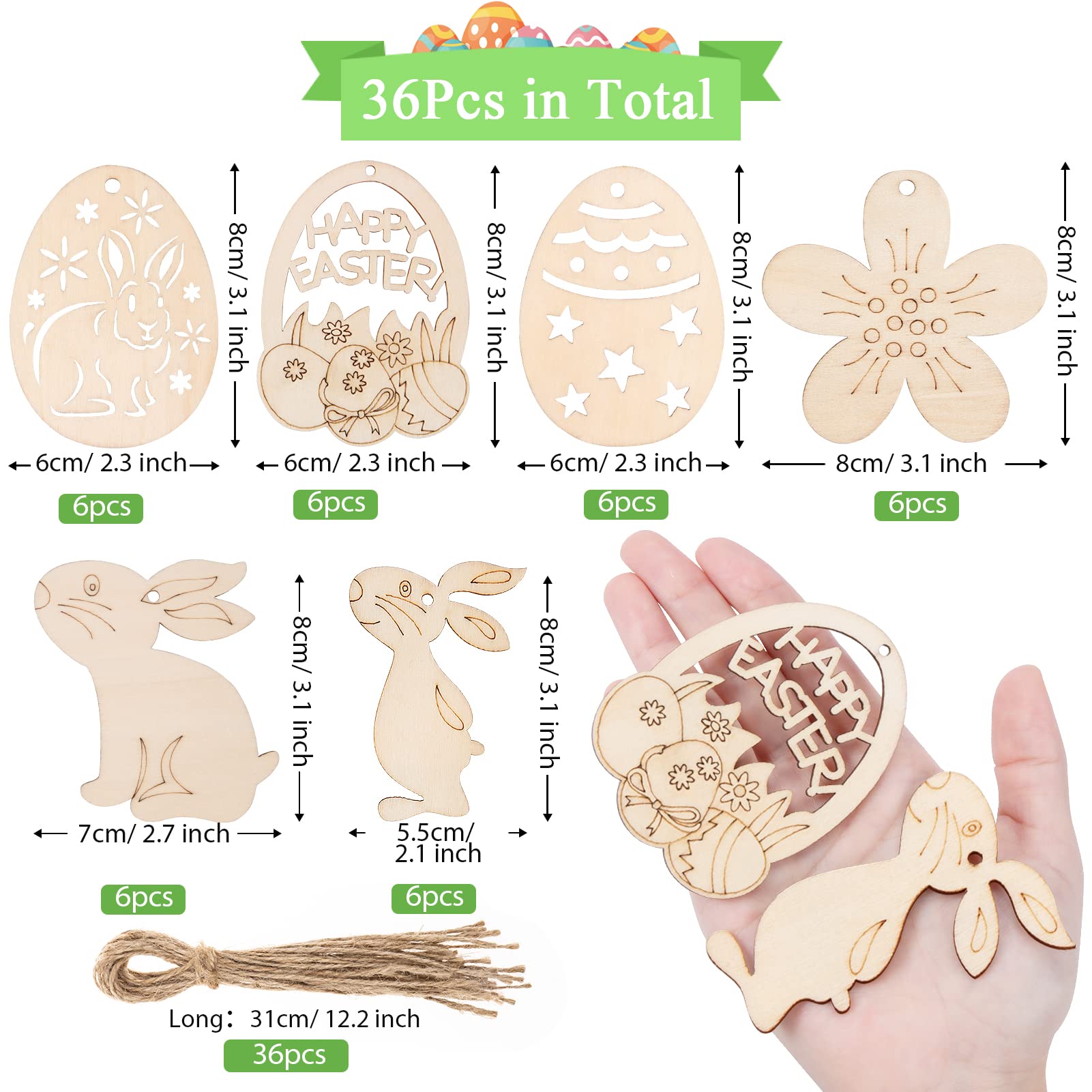 40 stuks houten ornamenten, paashaas, haas, kip, eieren, houten versiering, 40 stuks, paaseieren, paashaas om op te hangen hout, hangers voor Pasen, Pasen decoratie met koord, doe-het-zelf knutselen