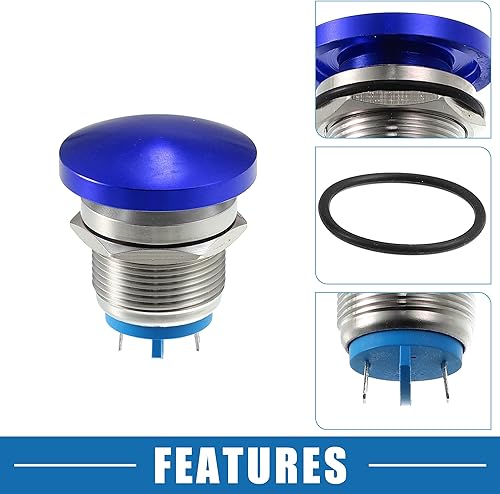 Miniatura 3 de A ABSOPRO Interruptor de botón con forma de cabeza de hongo momentáneo impermeable IP65 para automóvil metal de 0748in 3A 250 V color azul juego de 2