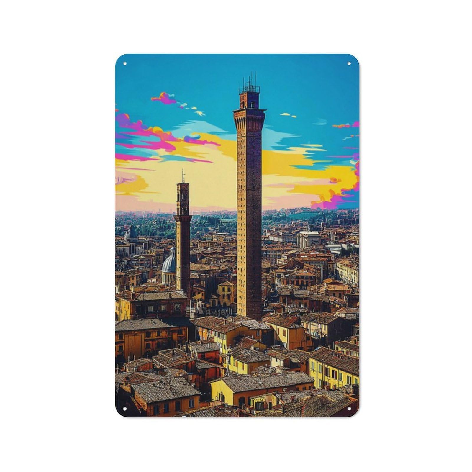 Junmoney Brightly Colored Cityscape With Towers Metal Sign 30X20cm With For Workshop Wall, Rustic Decor, Wall Decoration For Workshops And Hobby Rooms