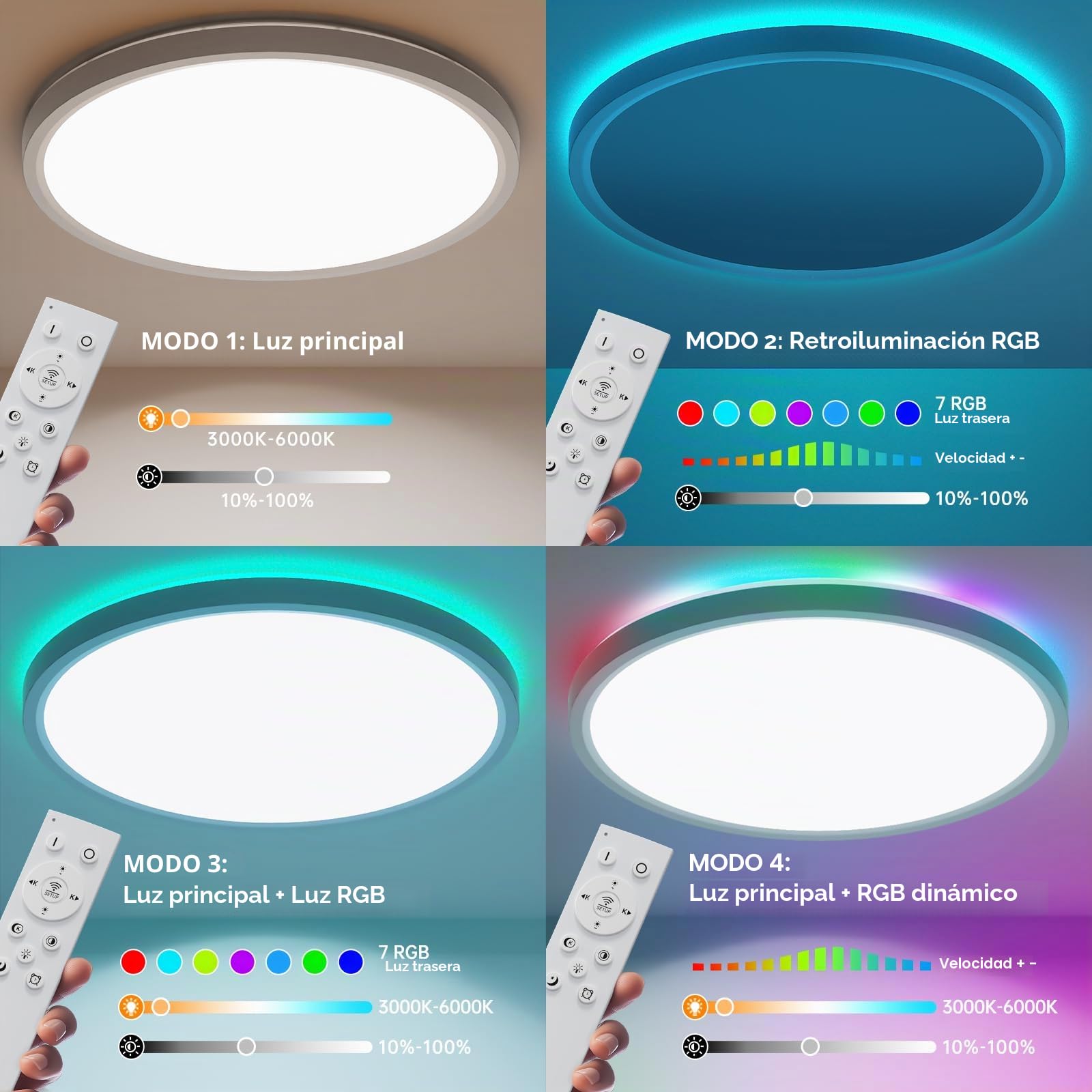 Plafon Led Techo Regulable 2Pcs, 24w 2160LM RGB Lampara Techo, 3000K-6500K Redonda Plana Lámpara de Techo, Moderna Plafón Luz Led con Mando a Distancia para Salones, Dormitorios, Baños - Ø30cm