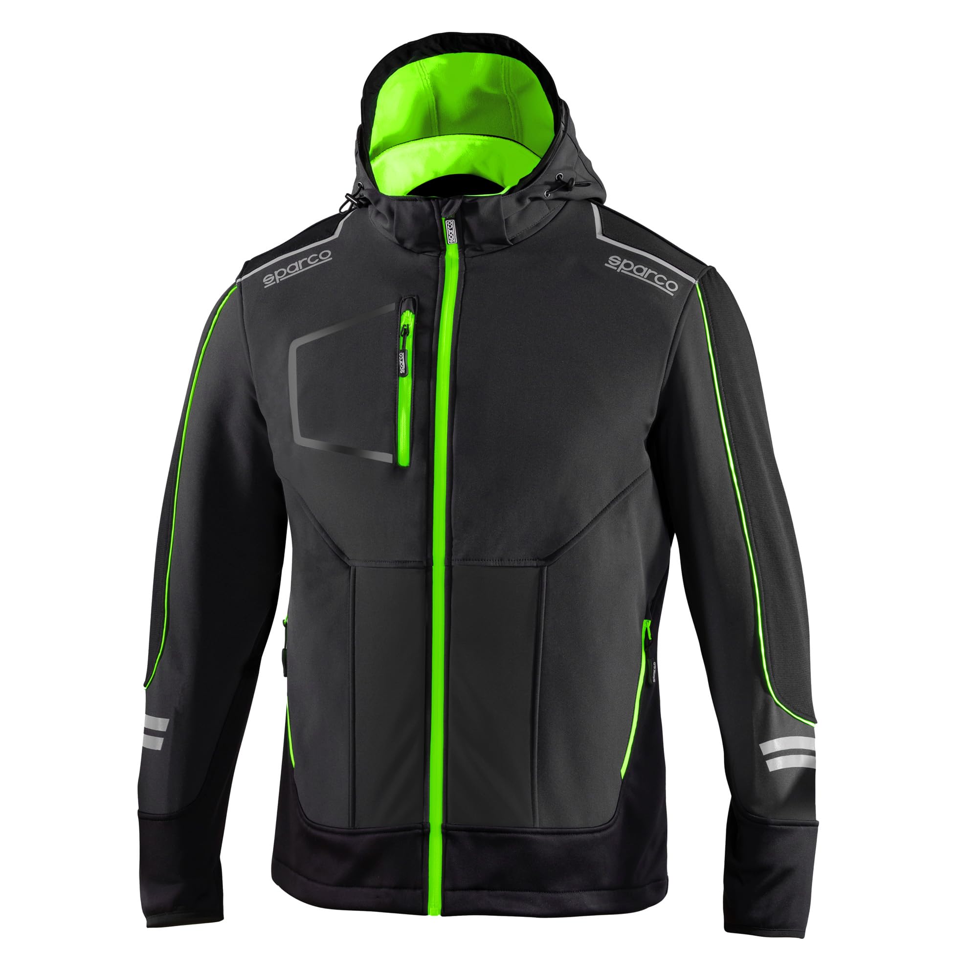 Sparco Giubbotto da Lavoro York Softshell Uomo Tecnico Antivento Idrorepellente. Giacca Multitasche Rinforzata con Cappuccio e Inserti Riflettenti