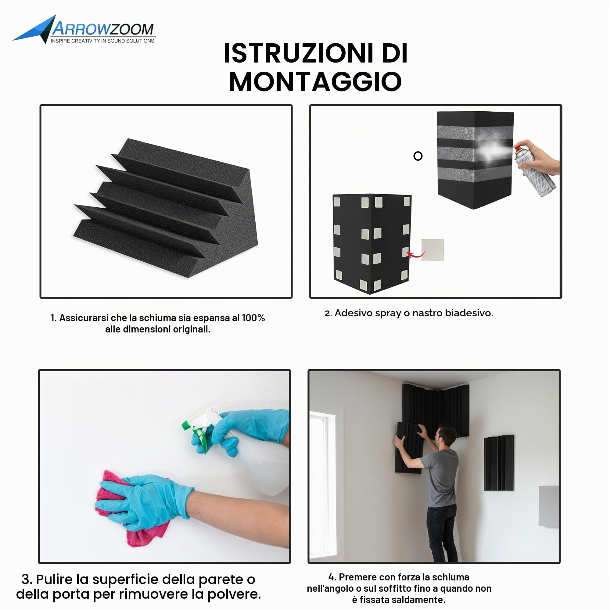 Arrowzoom 12 Pannelli Fonoassorbenti Bass Trap Correzzione acustica Ritardante di Fiamma Isolamento Acustico 12x12x24cm Nero