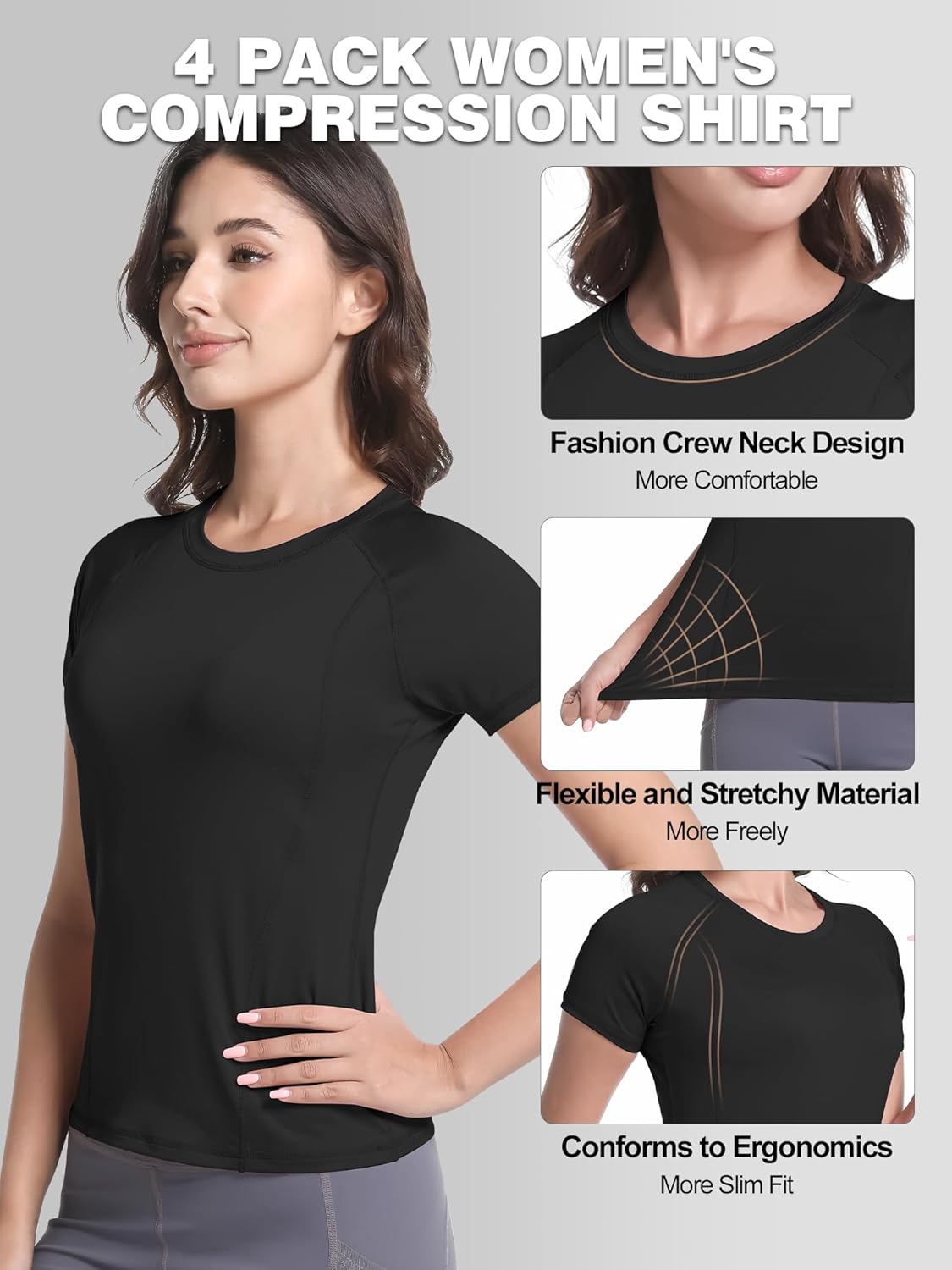 CL convallaria 4 Pack Women's Compression Shirt Cool Dry Long Short Sleeve Workout Athletic Tops for Yoga Gym Running - Image 3