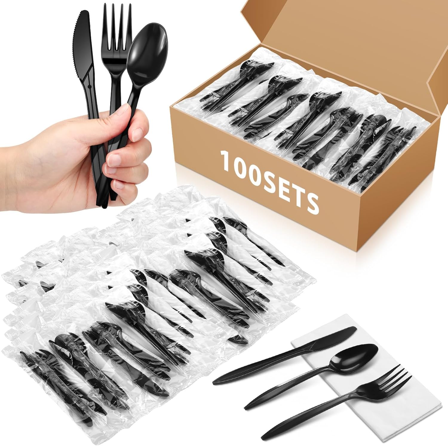 Uiifan 200 Set 800 Pcs Plastic Silverware Sets Individually Wrapped Plastic Utensils Cutlery Bulk Disposable Knife Fork Spoon Napkin Kit for Lounge Wedding Picnic BBQ Camping Party Accessories (Clear)