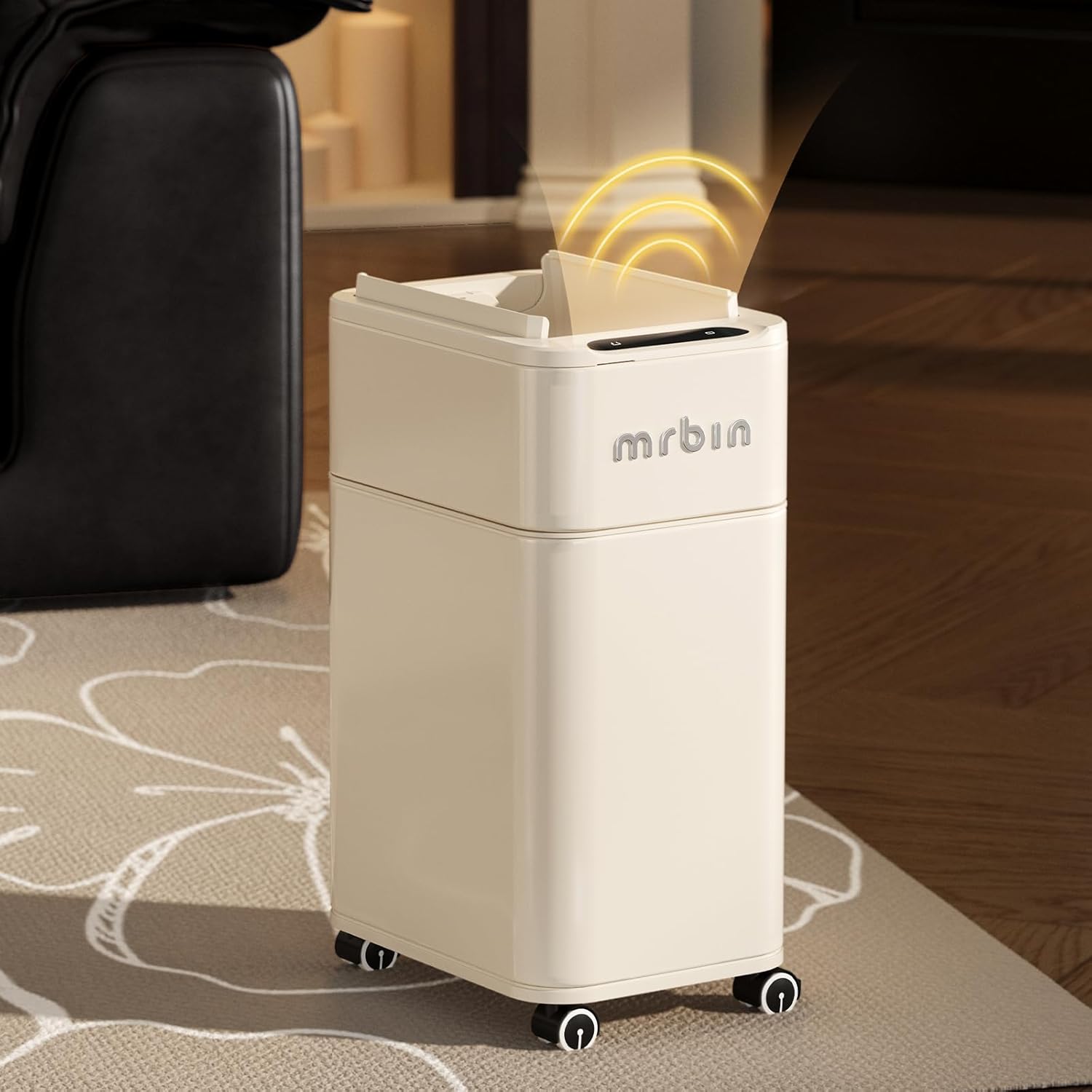 MRBIN Bathroom Metal Adsorption Motion Sensor Trash Can with Butterfly Lid and Wheels, 4 Gallon Kitchen Automatic Waste Garbage Basket for Office, Near Desk, Bedroom, Rv, Cream White