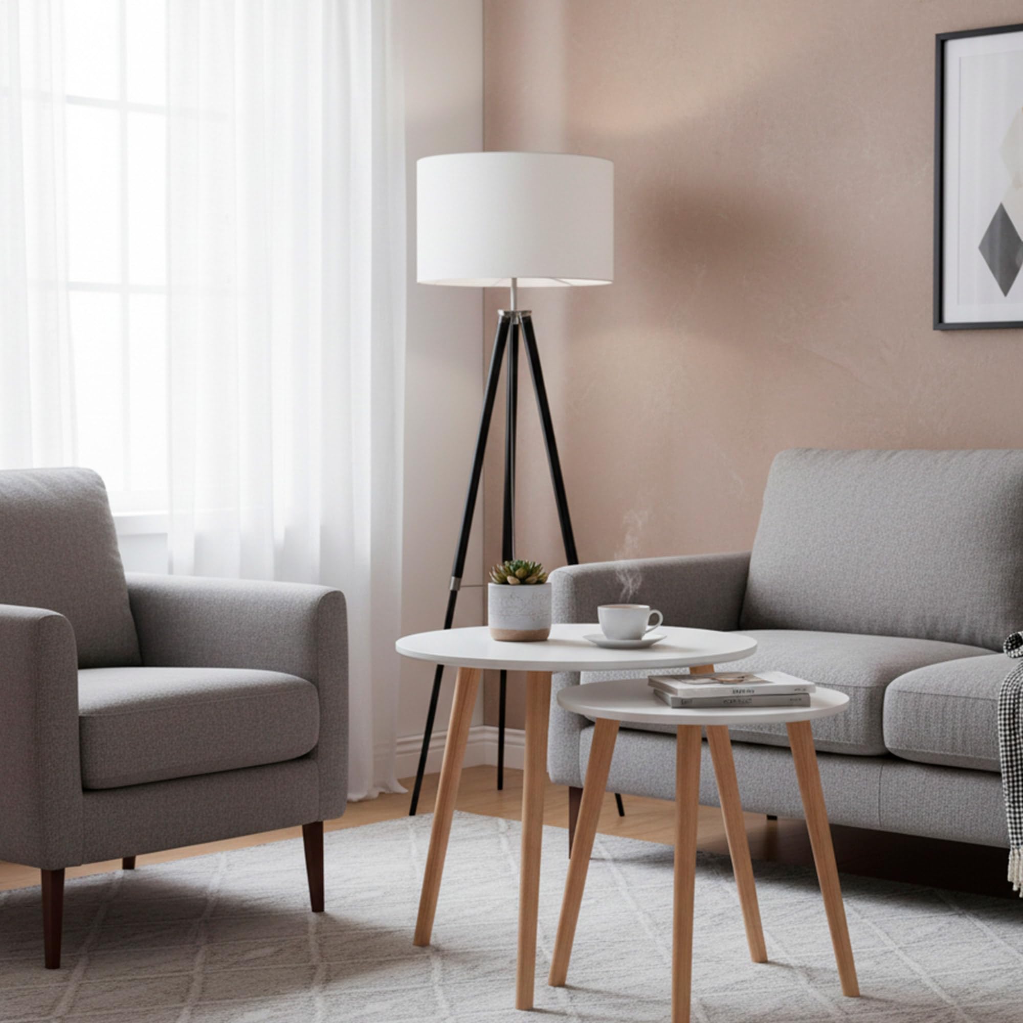 AKTIVE Max Home Set di 2 tavolini, D50xH50 cm e D40xH44 cm, Portata massima 5kg, Nido, Bianco, Gambe in legno naturale, Per soggiorno, Sala da pranzo, Ufficio (18510)