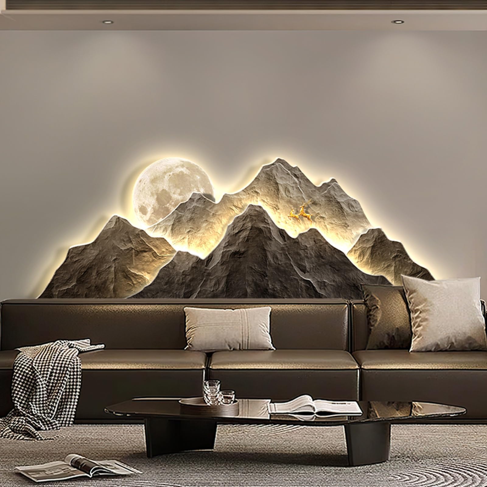 3D Wall Art Décor,Home Decor,3D Wall Painting with Light,Handmade Wall Sculpture with Led Light,Oriental Decor Traditional Chinese Welcoming Pine Wall Hanging Painting,Living Room Hanging Mural(C,100*