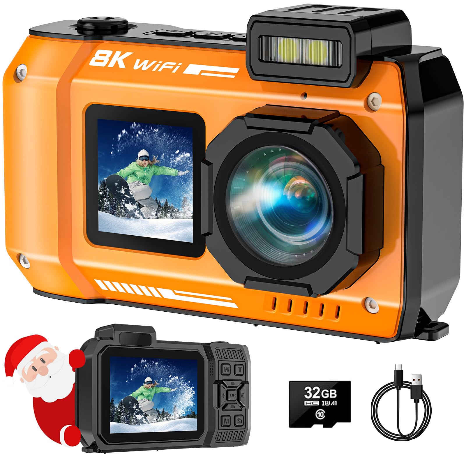 Cámara subacuática UHD 8K, 70 MP 33 pies, WiFi, impermeable, con tarjeta de 32 GB, enfoque automático, batería de 2500 mAh, digital flotante de 18 aumentos para esnórquel, naranja