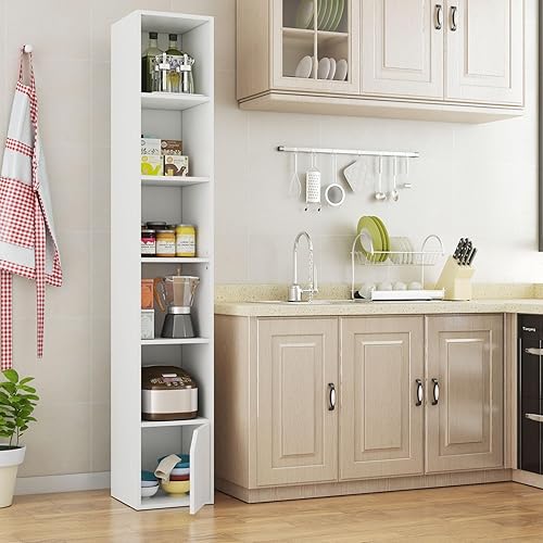 Miniatura 8 de IBUYKE Estantería estrecha de 6 niveles de altura, moderna estantería de esquina blanca con almacenamiento de puertas, estante de torre multimedia,