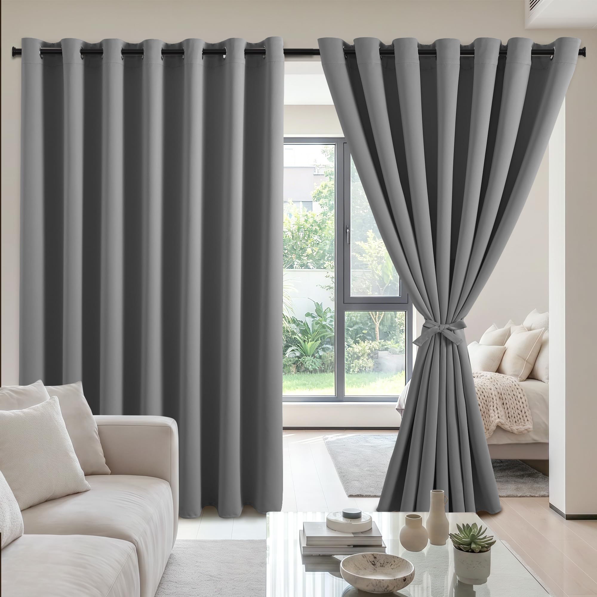 DWCN Grey Blackout Curtains – Thermal Insulated Light Blocking Privacy Grommet Drapes with Tiebacks, Blackout Curtains for Bedroom Living Room, Grey 100 x 102 Inch 2 Panels Window Treatments — image 1