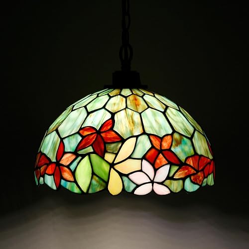 Miniatura 8 de Tiffany - Lámpara colgante con enchufe de vitrales de 12 x 12 x 181 pulgadas, lámpara colgante (flores rojas y verdes para comedor y sala de estar