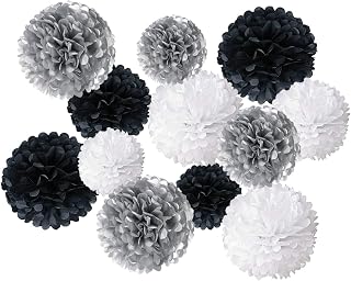 Paper Pom Poms Party Kit,Tissue Pom Poms Decorations,Paper Flower Ball,Theme Party Decorations(Black,White,Silver,12 PCS)