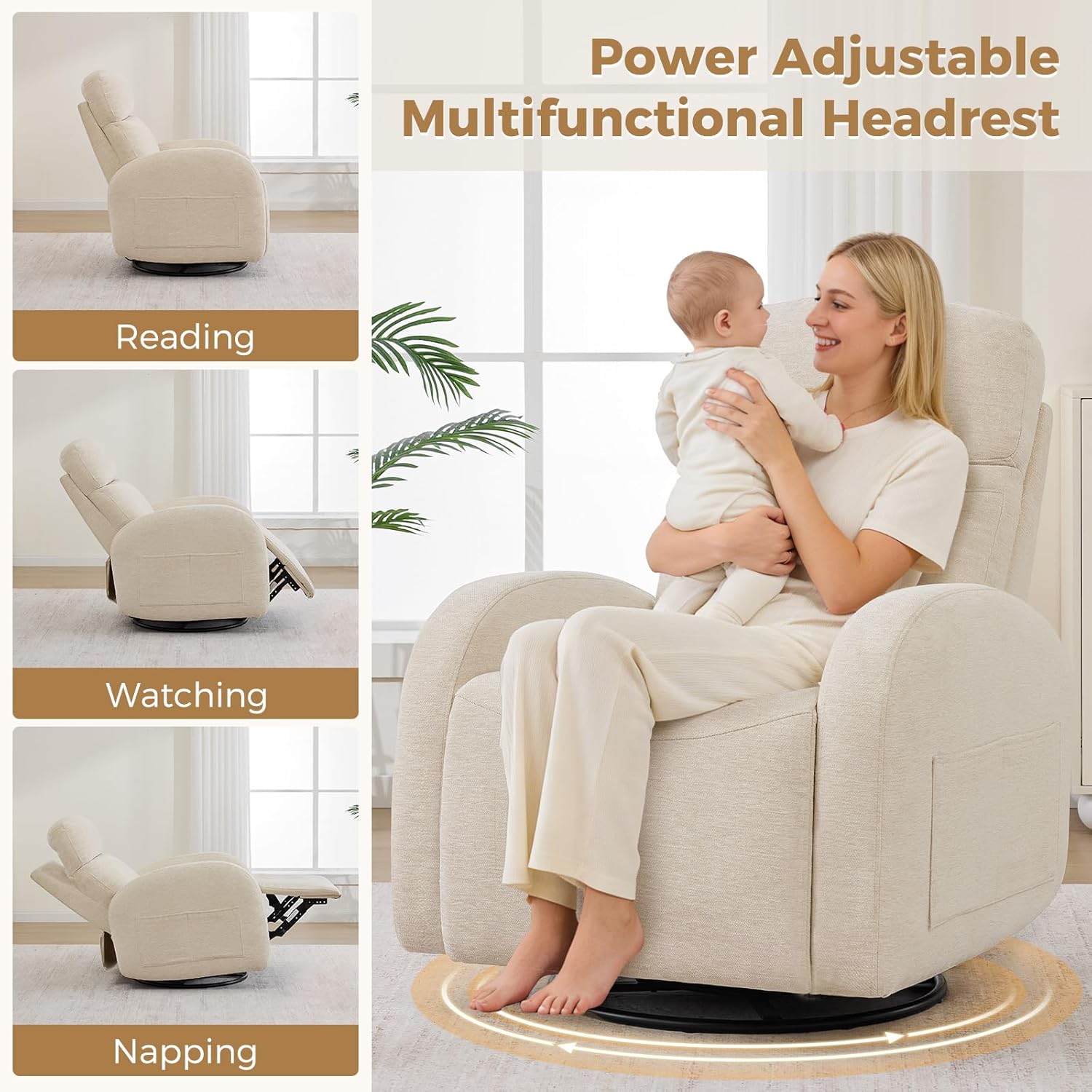 Dual Motors Power Recliner with Adjustable Headrest, Electric Swivel Rocker Recliner for Nursery, Glider Reclining Rocking Nursery Chairs for Small Space, Living Room, Bedroom, Chenille Camel