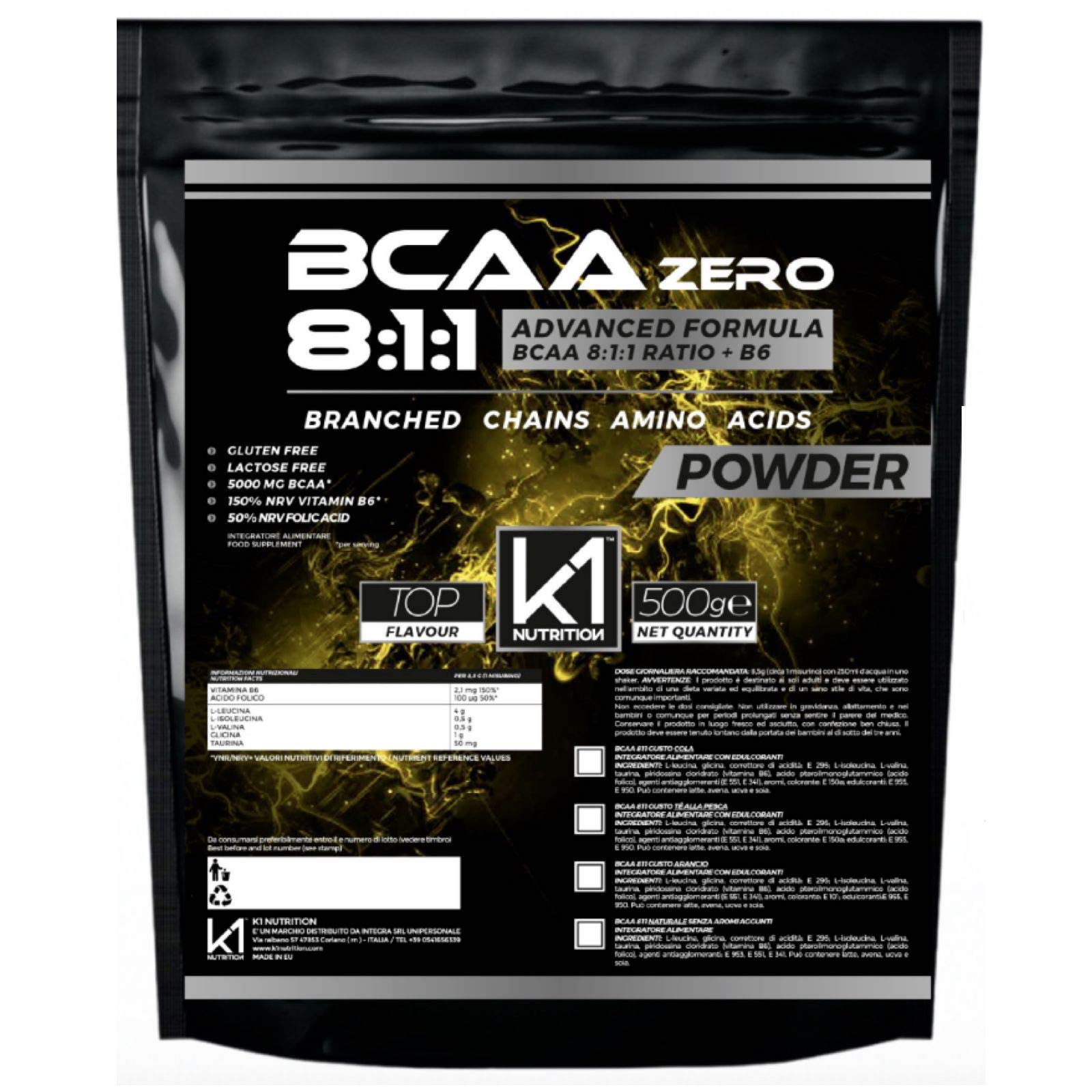 BCAA 8:1:1 500 gr K1 Nutrition Integratore di Aminoacidi Ramificati 811 in polvere con Vitamina b6 Advanced Leucine Formula - GLUTEN FREE - SENZA LATTOSIO - NON OGM - (500 gr. Polvere GUSTO COLA)