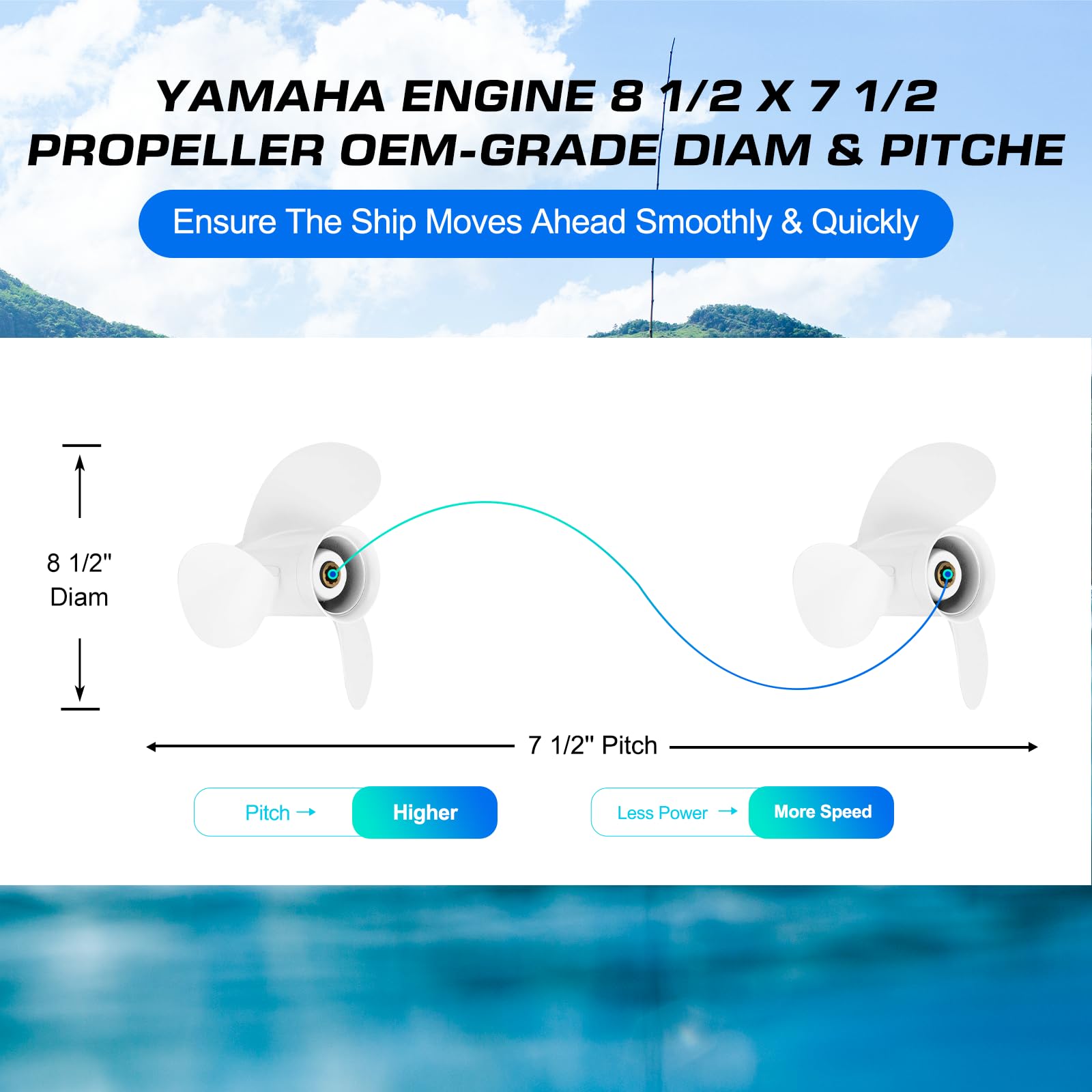 Hélice de bateau 8 1/2 x 7 1/2 -N pour Yamaha 6hp 8hp F6 F8 F9.9/Hélice hors-bord pour Yamaha moteur 2/4 temps 6G1-45943-00-EL, 7 dents cannelées, RH 8,5 x 7,5