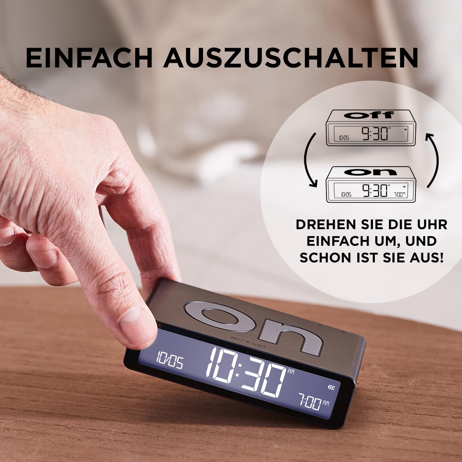 Lexon Flip Classic Digitaler Wecker mit umkehrbaren EIN/Aus-Seiten, wiederaufladbare Nachttischuhr mit LCD-Display, Berührungssensor für Schlummer- und Lichtfunktion – Weiß