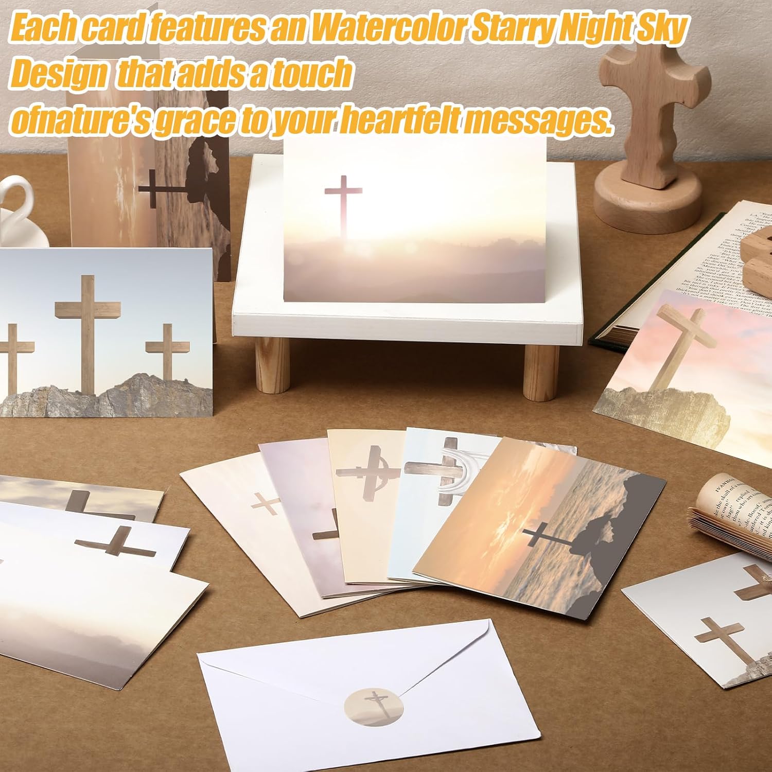 Motiskyy 100 Pcs Blank Greeting Cards 4x6, Religious Stationery with Cross Design, 10 Designs, Ideal Stationary Set for All Occasions, Note Cards with Matching White Envelopes and Stickers