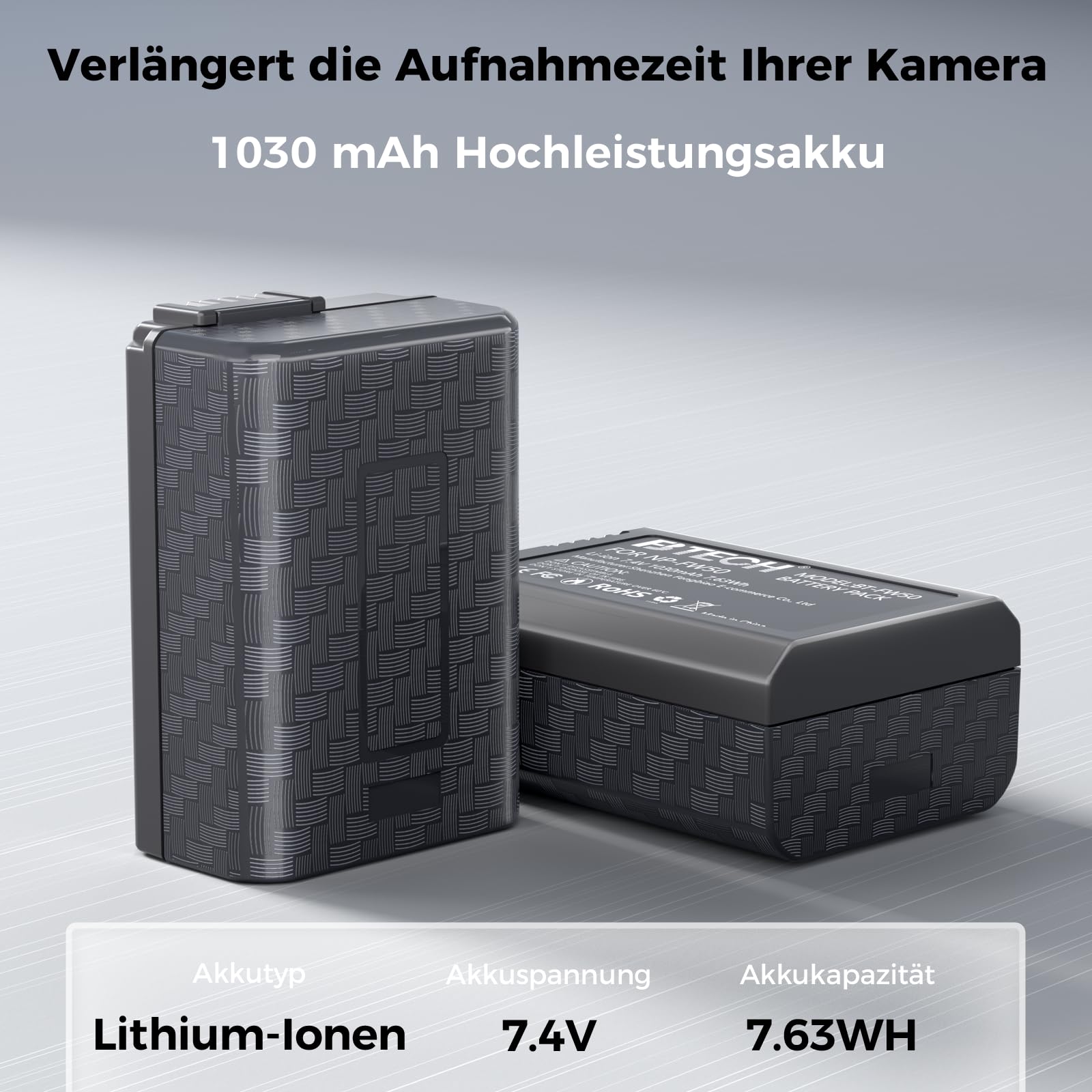 BTECH NP-FW50 Akku 1030mAh 2er-Pack mit USB-C Schnellladegerät, Ersatzakku kompatibel mit Sony ZV-E10, A6000, A6300, A6400, A6500, A7, A7 II, A7R II, A7S II, A5000, A5100, RX10